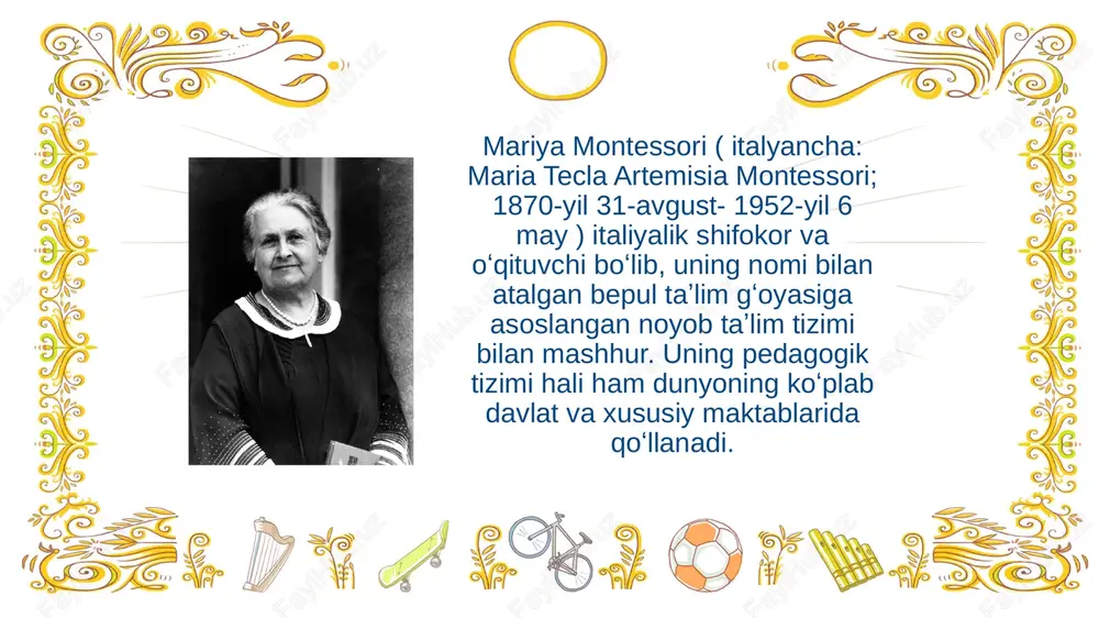 adi va butun diqqat e'tiborini organayotgan ma'lumotiga qaratishi oson boladi. montessori dasturi nafaqat kichik yoshdagi balki katta sinf oquvchilari uchun ham mavjud. bu dastur qiziq va manfaatli bolganligi tufayli hatto ikkinchi jahon urushi davrida ham oz kuchini saqlab qola olgan. mazkur oqitish usuli bolaning qobiliyatlarini rivojlantirish, oqituvchi korsatib bergan mashgulotlarni ozi mustaqil bajara olishi, dunyoqarashni kengaytirishga xizmat qiladi. bu dastur asosida ta'lim olayotgan bola vazifalarni majburlikdan bajarmaydi, aksincha, o`zi qiziqib amalga oshiradi. albatta buning uchun uyda etarli sharoit yaratib berilishi kerak. maria montessori (1870-1952) — italiyalik pedagog va psixolog, o'zining ta'lim metodlari bilan mashhur bo'lgan. uning usullari quloq eshitish qobiliyati cheklangan bolalar, jumladan, surdo pedagogikada ham qo'llanilishi mumkin. montessori ta'limi va surdopedagogikasi o'rtasida quyidagi bog'liqliklar va o'xshashliklar mavjud: montessori ta'lim metodlari 1. bolalar markazida: montessori ma'naviyati bolani ta'lim jarayonining markaziga qo'yadi. u vaqti-vaqti bilan bolalar bilan ish olib borishni, ularning qiziqishlari va ehtiyojlariga mos ravishda o'quv muhitini tashkil etishni talab …