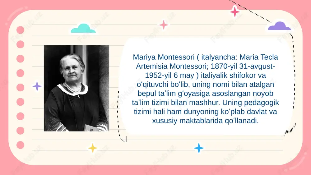 inchidan stressning oldini oladi va butun diqqat e'tiborini organayotgan ma'lumotiga qaratishi oson boladi. 1.7.2013 ‹#› montessori dasturi nafaqat kichik yoshdagi balki katta sinf oquvchilari uchun ham mavjud. bu dastur qiziq va manfaatli bolganligi tufayli hatto ikkinchi jahon urushi davrida ham oz kuchini saqlab qola olgan. mazkur oqitish usuli bolaning qobiliyatlarini rivojlantirish, oqituvchi korsatib bergan mashgulotlarni ozi mustaqil bajara olishi, dunyoqarashni kengaytirishga xizmat qiladi. bu dastur asosida ta'lim olayotgan bola vazifalarni majburlikdan bajarmaydi, aksincha, o`zi qiziqib amalga oshiradi. albatta buning uchun uyda etarli sharoit yaratib berilishi kerak. 1.7.2013 ‹#› maria montessori (1870-1952) — italiyalik pedagog va psixolog, o'zining ta'lim metodlari bilan mashhur bo'lgan. uning usullari quloq eshitish qobiliyati cheklangan bolalar, jumladan, surdo pedagogikada ham qo'llanilishi mumkin. montessori ta'limi va surdopedagogikasi o'rtasida quyidagi bog'liqliklar va o'xshashliklar mavjud: 1.7.2013 ‹#› montessori ta'lim metodlari 1. bolalar markazida: montessori ma'naviyati bolani ta'lim jarayonining markaziga qo'yadi. u vaqti-vaqti bilan bolalar bilan ish olib borishni, ularning qiziqishlari …