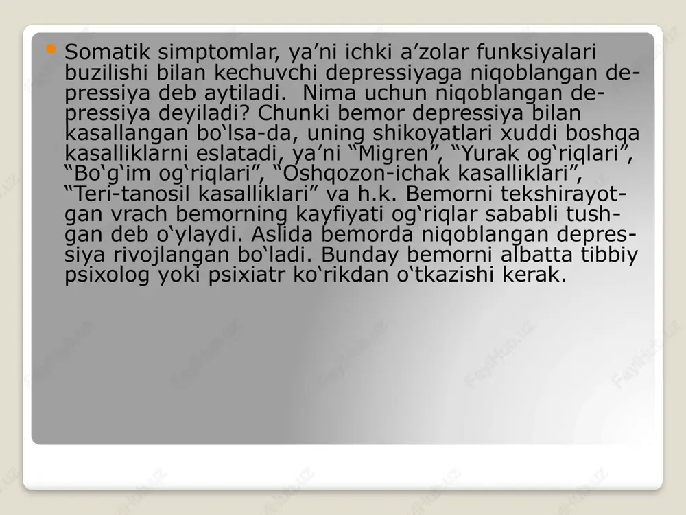 beriluvchan odamlarda ko‘p uchraydi. ularning depressiyaga tushishdan oldingi hayoti o‘rganilganda, quyidagi xususiyatlar aniqlangan: depressiyaga uchragan shaxslarning o‘ziga xos dunyoqarashi bo‘ladi, ular atrofdagi voqealarni o‘z dunyoqarashidan kelib chiqqan holda tahlil qiladigan va hissiyotga beriluvchan shaxslardir. ular ko‘pincha, hayotdan qoniqmay yashashadi, erishgan yutuqlari ularni qoniqtirmaydi, o‘z faoliyatiga tanqidiy munosabatda bo‘lishadi. bu odamlar faqat marrani egallash uchun yashaydilar. shu bilan birga boshqalar, masalan, hamkasblarining xatolarini topish va maslahat berib yurishni xush ko‘rishadi. agar uning xatosini ko‘rsatishsa, bundan qattiq aziyat chekadi va shu odamni yoqtirmay qoladi. depressiya aksariyat hollarda bemorlar tomonidan ham, yaqinlari tomonidan ham, ba’zan vrachlar tomonidan ham yomon xulq-atvorning bir ko‘rinishi sifatida qabul qilinadi va shu sabablarga ko‘ra, vaqtida aniqlanmay qoladi. psixosomatik buzilishlar bilan namoyon bo‘luvchi depressiya ham o‘z vaqtida aniqlanmay qolada va “ichki kasalliklar” tashxisi qo‘yiladi. depressiya faqat kayfiyatning tushishi bilan bog‘liq bo‘lgan holat emas, balki bir nechta simptomlardan iborat kasallikdir. bu kasallikni erta aniqlash va davolash muolajalarini erta boshlash bemorning …