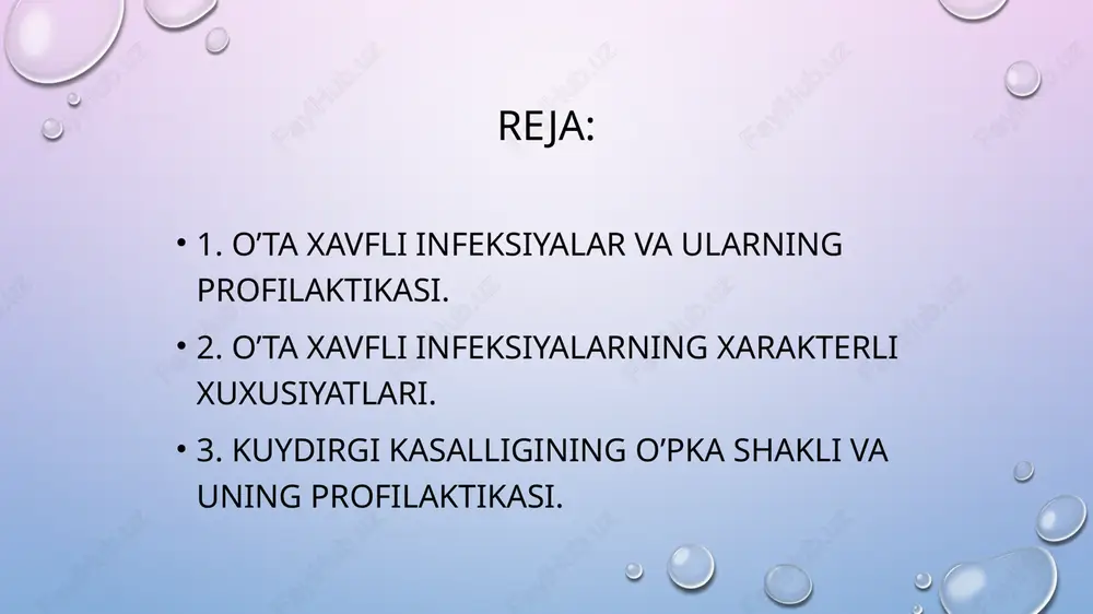 haxslarni ularning kasallanganligi istisno etilguncha vaqtincha izolyatsiyda saqlash; joriy va yakuniy dezinfektsiyani amalga oshirish. bundan tashqari, infektsiyaning turiga qarab boshqa maxsus profilaktik choralar qo’llanilishi mumkin. o’ta xavfli yuqumli kasalliklar — tasnifi, turlari, infektsiyalar tashxisi va profilaktikasi o’ta xavfli yuqumli kasalliklar (o’xyk), o’ta xavfli infektsiyalar (o’xi) — alohida epidemik tahdid uyg’otadigan infektsion kasalliklarning shartli guruhi. o’xykni oldini olish choralari va tartibi 1969-yil 26-iyul kuni jsstning jahon sog’liqni saqlash assembleyasining 22-sessiyasida qabul qilingan xalqaro mediko-santiar qoidalarda (xmsq) tasdiqlangan. 1970-yilda jsst 23-assambleyasi karantinli infeksiyalar ro’yxatidan toshmali va qaytalanma (rekurrent) terlama chiqarib tashladi. 1981-yilgi tuzatishlar bilan ro’yxatda faqat uchta kasallik: o’lat, vabo va kuydirgi mavjud edi. 2005-yilda jsst jahon sog’liqni saqlash assambleyasining 58-sessiyasida juda ko’p va muhim o’zgarishlar kiritilgan yangi xmsq qabul qilingan. xususan, ushbu qoidalarga ko’ra, jsst mamlakatda muayyan kasalliklarning holatini nafaqat ushbu davlatlarning rasmiy hisobotlariga ko’ra, balki ommaviy axborot vositalaridan olingan ma’lumotlar asosida ham baholash huquqiga ega bo’ldi. jsst ushbu qoidalarga muvofiq …