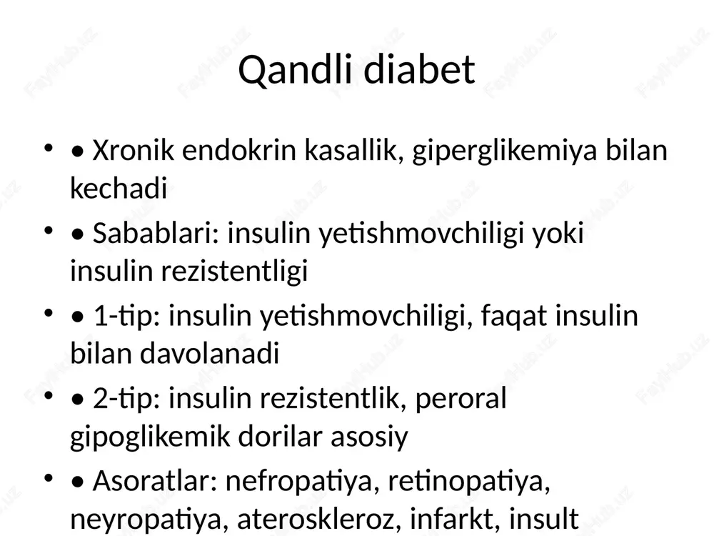 radi dorilar: dapagliflozin (10 mg), empagliflozin (10–25 mg), kanagliflozin (100–300 mg) nojo‘ya ta’siri: siydik yo‘llari infeksiyasi, poliuriya, ketoatsidoz xulosa • 2-tip diabetni davolashda asosiy boshlang‘ich dori – metformin • sulfonilmochevina va meglitinidlar – insulin chiqarishni oshiradi • glitazonlar – insulin sezuvchanligini yaxshilaydi • akarboza – ovqatdan keyingi glyukozani kamaytiradi • dpp-4 va sglt-2 ingibitorlari – zamonaviy dorilar, gipoglikemiya xavfi past