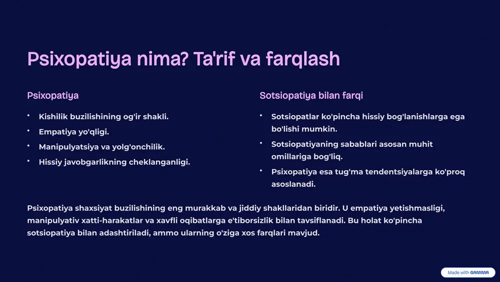 batlar o'rnatishda va normal hayot kechirishda jiddiy qiyinchiliklar tug'diradi. 4 psixopatiyani aniqlash: diagnostika usullari diagnostika jarayoni psixopatiyani aniqlash murakkab jarayon bo'lib, chuqur psixologik baholashni talab qiladi. diagnostika ko'pincha quyidagi usullarni o'z ichiga oladi: psixiatrik intervyu shaxsiyat testlari xulq-atvor kuzatuvi tarixiy ma'lumotlarni tahlil qilish eng mashhur vositalardan biri bu hare psixopatiya tekshirish ro'yxati (pcl-r) bo'lib, u xulq-atvor va shaxsiyat xususiyatlarini baholashga yordam beradi. 5 psixopatiya va jamiyat: munosabatlar va jinoyat psixopatiyaga ega shaxslarning jamiyat bilan o'zaro munosabatlari ko'pincha murakkab va muammoli bo'ladi. empatiya yetishmasligi ularga sog'lom munosabatlar o'rnatishga xalaqit beradi, manipulyativ xatti-harakatlari esa atrofidagilarning ishonchini yo'qotishga olib keladi. afsuski, psixopatiya jinoyatchilik bilan ham bog'liq bo'lib, bu shaxslar ko'pincha qonunbuzarliklar sodir etishga moyil bo'ladilar. 6 davolash va boshqarish imkoniyatlari psixoterapiya kognitiv xulq-atvor terapiyasi (kxt) kabi usullar xulq-atvorni o'zgartirishga yordam berishi mumkin. dori-darmonlar xususiy simptomlarni (masalan, impulsivlik, agressiya) kamaytirish uchun dori-darmonlar qo'llanilishi mumkin. sotsial qo'llab-quvvatlash atrof-muhit va oila a'zolari tomonidan qo'llab-quvvatlash muhim ahamiyatga …