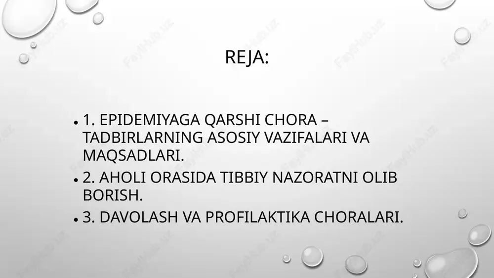 aholiga xizmat koʻrsatuvchi oziq-ovqat korxonalarida joriy va yakuniy dezinfeksiya ishlarini sanitariya nazorati katta ahamiyatga ega. bu oziq-ovqat do'konlari, vaqtinchalik va tashqi savdo nuqtalariga tegishli. davolash va profilaktika choralari epidemiyaga qarshi chora-tadbirlarning yana bir majmuasi terapevtik va profilaktika tadbirlaridir. ushbu kompleksga kiritilgan asosiy tadbirlar asosan viruslarni zararsizlantirish, epidemiologik nazorat va tibbiy yordam sifatini oshirishga qaratilgan. mavsumiy epidemiyalar davrida poliklinikalarga turli klinik yo‘nalishlardan qo‘shimcha mutaxassislar ulanadi. ayni paytda bolalar bog'chalari va maktablarda karantin ko'pincha e'lon qilinadi. karantin bir qator rejim va cheklovchidirkasallangan yoki kasallangan shaxsni (odamlar guruhini), yuklarni, hayvonlarni, mahsulotlarni, aholi punktlarini, tumanlarni, hududlarni, viloyatlarni va boshqalarni izolyatsiya qilishga (aloqalarni cheklashga) qaratilgan epidemiyaga qarshi chora-tadbirlar. kontaktlar va shuning uchun, yuqumli kasalliklar tarqalish ehtimolini kamaytiradi. odamlar bilan tushuntirish ishlari bundan tashqari, epidemiyaga qarshi chora-tadbirlar odamlar bilan tushuntirish ishlarini olib borishga qaratilgan bo'lishi kerak. u odatda aholiga yuqumli kasallik belgilari haqida maʼlumot yetkazishga qaratilgan va odamlar gavjum joylarga borishni kamaytirish tavsiya etiladi. bu turdagi …