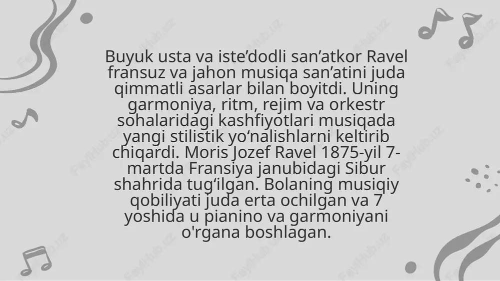 sterzanniy madrid, ves v otgoloskax proletevshey brui, i netu s nim dolores ibarruri! no jiv narod, i pesn ego jiva. tantsuy, ravel, svoy ispolinskiy tanets, tantsuy, ravel! ne univay, ispanets! vrashay, istoriya, litie jernova, bud melnichixoy v grozniy chas priboya! o, bolero, svyashenniy tanets boya raqs kuylariga izchil murojaat qilib xoreografik simfoniya ("dafnis va xloya" baleti, 1911), xoreografik poema ("vals", simfonik orkestr uchun, 1920) janrlarini yaratgan. 2 opera, 3 balet, 2 fortepiano konserti, simfonik, vokalsimfonik va kamer asarlar muallifi. "bolero" (1928) fransuz simfonizmi choʻqqisidir. uning musiqasi asosida navoiy teatrida balet sahnallashtirilgan (1960). r. anʼanalari oʻzbekiston kompozitorlari (a. kozlovskiy, g. mushel va boshqalar) ijodiga katta taʼsir etgan, s. karimxoʻjayev "ravel xotirasiga" nomli xoreografik poema (1974) yaratgan. image1.jpg image2.jpg image3.jpg image4.jpg image5.jpg