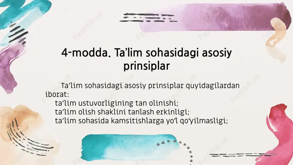 mustaqil o‘qish orqali ta’lim olgan fuqarolarga, shuningdek umumiy o‘rta ta’lim olmagan shaxslarga akkreditatsiyadan o‘tgan davlat ta’lim muassasalarida eksternat tartibida attestatsiyadan o‘tish huquqini berish orqali ta’minlanadi. ta’lim to’g’risidagi qonun 6-moddasi 6-modda. ta’lim tizimi ta’lim tizimi: davlat ta’lim standartlarini, davlat ta’lim talablarini, o‘quv rejalari va o‘quv dasturlarini; davlat ta’lim standartlarini, davlat ta’lim talablari va o‘quv dasturlarini amalga oshiruvchi ta’lim tashkilotlarini; ta’lim sifatini baholashni amalga oshiruvchi tashkilotlarni; ta’lim tizimining faoliyat ko‘rsatishi va rivojlanishini ta’minlash uchun zarur bo‘lgan tadqiqot ishlarini bajaruvchi ilmiy-pedagogik muassasalarni; ta’lim sohasidagi davlat boshqaruvi organlarini, shuningdek ularning tasarrufidagi tashkilotlarni o‘z ichiga oladi. ta’lim tizimi yagona va uzluksizdir. ta’lim to’g’risidagi qonun 7-moddasi 7-modda. ta’lim turlari ta’lim turlari quyidagilardan iborat: maktabgacha ta’lim va tarbiya; umumiy o‘rta va o‘rta maxsus ta’lim; professional ta’lim; oliy ta’lim; oliy ta’limdan keyingi ta’lim; kadrlarni qayta tayyorlash va ularning malakasini oshirish; maktabdan tashqari ta’lim. ta’lim to’g’risidagi qonun 8-moddasi 8-modda. maktabgacha ta’lim va tarbiya maktabgacha ta’lim va tarbiya bolalarni o‘qitish …