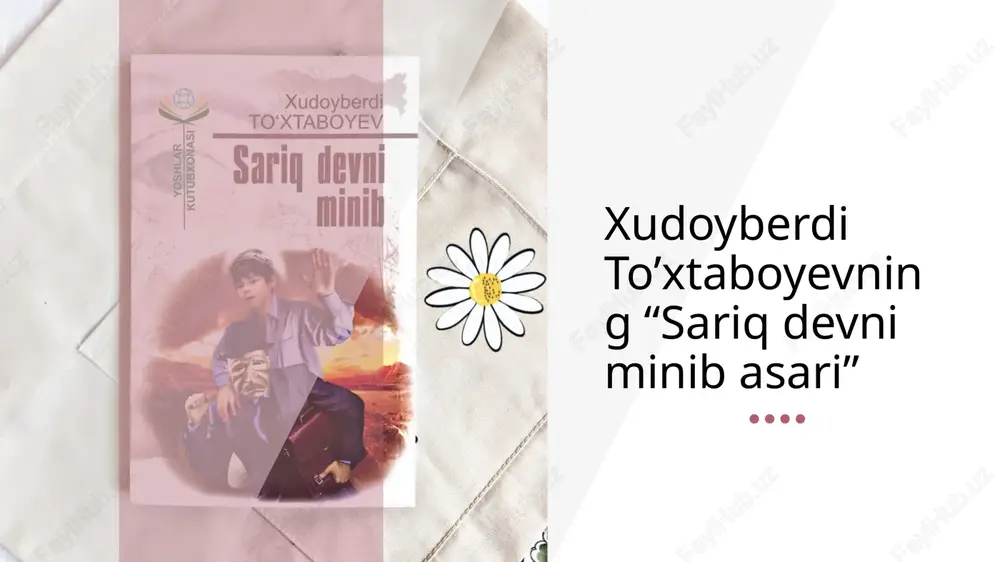 ovlar” deb ham ataladi. darhaqiqat, kimki nafsini tiya olmas ekan, bir kunmas bir kun, nafs olovida kuyib kul boladi. olov esa, tabiiyki, sariq rangdadir. xo’sh, adibning nomini mashhur qilgan bu asarning siri nimada? nima uchun roman aynan shunday nomlangan? shu o’rinda, avvlo, “sariq dev” iborasining majoziy manosini ifodalash joiz. nima uchun aynan “sariq”, qora yoki oq emas? malumki, sariq – nafs-olov manolarini bildiradi. xalqimizda nafsini tiya olmagan, nafsining quliga aylangan, ya`ni nafs bandalari “nafsi olovlar” deb ham ataladi. 6 “sariq devni minib” asari quyidagi bo’limlardan iborat: 1-bo’lim. sehrli qalpoqcha. 2-bo’lim. sariq devni minib. 3-bo’lim. mening ham do`stlarim bor. 7 7 8 xudoyberdi toʻxtaboyevning “bola”lari dilkashligi, begʻuborligi va, albatta, komizm ruhi bilan sugʻorilganligi bilan ajralib turadi. uning birgina “hoshimjon”ida bola xarakterining turli qirralarini kuzatishimiz mumkin. dastlab, hoshimjon bilan tanishib borar ekanmiz, bu bolaning tabiatidagi quvnoqlik, kulgi-hazilga moyillik jihati oydinlasha boradi: “ – hoshim, – deb chaqirib qoldi. – labbay, oyijon. – …