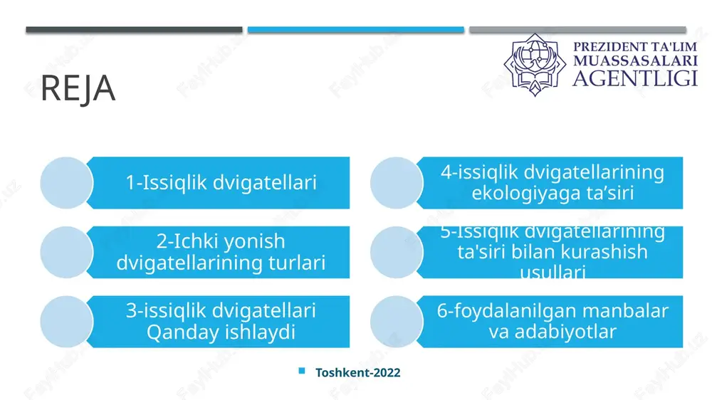 izmatlarida uchramaydigan ushbu lokomotiv katta suv idishi va o't o'chirgichga asoslangan. ko'mir yoqilg'i sifatida ishlatiladi, u yoqish orqali suvni isitadi. bu, o'z navbatida, pistonlarni itarib, bug'ga aylana boshlaydi. pistonlar va tayoqlar tizimi g'ildiraklarga ulangan va ularni aylantiradi. shunday qilib, bug 'lokomotivi issiqlik dvigatelidir va issiqliksiz u harakatlana olmaydi. lokomotiv tepsida ko'mir yoqilganda ko'mir tutuni hosil bo'ladi. u bug’ teplovozi, daraxt barglari, temir yo'l bo'yidagi binolar va boshqalarga joylashib, quvur orqali ochiq havoga tashlanadi. toshkent-2022 4-issiqlik dvigatellarining ekologiyaga taʼsiri issiqlik dvigatellari juda ko'pligi, shuningdek kimyoviy yoqilg'idan foydalanish tufayli atrof-muhitga zarar etkazmoqda. ilgari ko'rib chiqilgan parovoz, agar mavjud bo'lsa, atrof-muhitni ifloslantirishi mumkin emas. ammo dunyo mamlakatlarida bug 'lokomotivlari parki juda katta edi va ular yirik shaharlar ustidan tutunli tutunlar paydo bo'lishiga katta hissa qo'shdilar. va bu tutun eng kichik ko'mir kukuni bo'lishiga qaramay. zamonaviy transportdan tutun ancha "qiziqarli" tarkibga ega. dizel yoqilg'isi, benzin, kerosin, mazut va boshqa neft hosilalari - bu yonish …