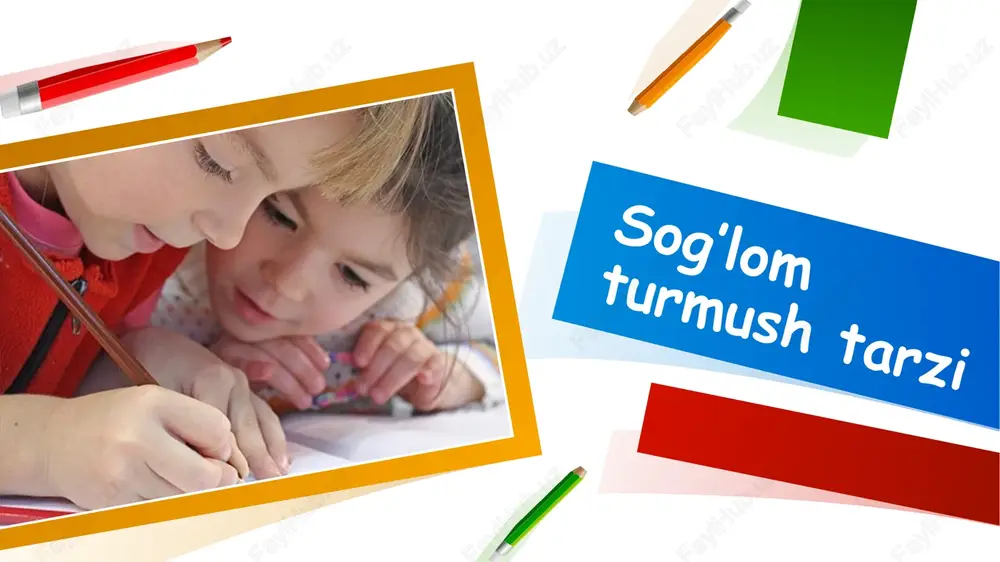 a, tezda tish doktoriga boring. 14 boshingizni iliq suv bilan yuving. sochingiz uzunroq bo‘lsa uchidan, kaltaroq bo‘lsa tagidan boshlab tarang. taroqning tishlari juda o‘tkir, haddan tashqari zich bo‘lmasin. birovning tarog‘ini ishlatmang, o‘zingizning tarog‘ingiz bo‘lsin. 15 yangi mavzuni mustahkamlash keling bolalar siz bilan mavzu yuzasidan muxbir metodidan foydalanamiz. o’quvchilar mikrofon olib bir birlari bilan savol - javob uyishtiradilar. sog’lom turmush tarzi nafaqat gigiyenadan balkim to’g’ri va sog’lom ovqatlanishdan ham iborat. 16 e’tiboringiz uchun rahmat 17 image5.png image1.png image2.png image3.png image6.jpeg image7.jpeg image8.png image9.png image10.png image11.png image12.png image13.png image14.png