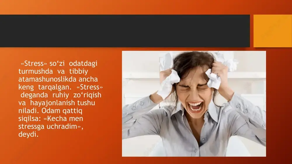 dromidir. unda kuzatiladigan nospetsifik reaksiyalarni g.selegacha ham tadqiq qilishgan, lekin organizmda kechadigan patofiziologik o‘zgarishlar bilan stress orasida bog‘liqlik darajasiga e’tibor berilmagan. image2.png image3.png image4.jpeg image5.jpeg image6.jpeg image7.png image8.png image9.png image10.png image11.png image12.jpeg image1.png /docprops/thumbnail.jpeg