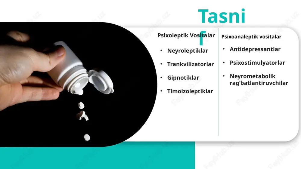 n) uxlash qiyinlashganda uyquning buzilishi erta uyg’onish psixik buzilishlar kunduzgi uyuqchanlik xotira pasayishi toksik ta’sir 15 yoshgacha bo’lganlar xomiladorlik laktatsiya preparatga yuqori sezuvchanlik gipnotik vositalar uyqu chaqiruvchi dv dori vositalari qarshi ko’rsatma nojo’ya ta’siri ko’rsatma litiy tuzlari(karbonat,glyukonat,sitrat,oksid-butirat) karbazepin unumlari(karbamazepin,oskarbazepin) valproat kislota unumlari(valproate kislota tuzlari, dipropilatsetamid,divalproeks natriy, kalsiy kanal blokatorlari) fazal kechuvchi affektiv buzilishlarida profilaktika maqsadida foydalaniladi diplopiya prepearatdan zaharlanish allergik reaksiyalar buyrak faoliyati buzilishi xomiladorlik(1-uch oylik) laktatsiya preparatga yuqori sezuvchanlik jigar yetishmovchiligi normotomimetiklar (timoizoleptiklar) affektiv soha sirkulyar buzilishlari va depressive, manikal simptomatikaga ta’sir etuvchi dv psixoanaleptik dori vositalari antidepressantlar depressiyaga qarshi dv dori vositalari qarshi ko’rsatma nojo’ya ta’siri ko’rsatma sitolopram fluoksetin fluvoksamin piroksetin sertralin venlafaksin mirtazapin rebraksetin trazodon depressiya vahimali holatlar obsessiv-kompulsiv buzulishlar enurez surunkali og’riq sindromi og’iz qurishi epigastrial sohada nohush sezgilar taxikardiya ko’rishni yomonlashuvi gipotoniya tutqanoqli tortishishlar xushni o’tkir buzlishi jigar yetishmovchiligi buyrak yetishmovchiligi qon aylanish buzilishlari xomiladorlik psixostimulyatortlar psixik faoliyatni faollashtiradigan jidmoniy charchashni bartaraf etadigan dv dori …