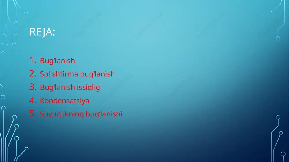 sh, zichlashish), kondensatlanish — 1) gazsimon holatdagi moddaning sovishi yoki siqilishi natijasida suyuq yoki qattiq holatga utishi. k. — bug'lanishning aksi. k. muayyan modda uchun kritik temperaturadan past temperaturadagina sodir boʻladi. kritik nuqta bilan uchlama nuqta orasidagi temperaturaviy oralikda modda suyuq holatga, yanada pastroq temperaturalarda esa kristall holatga oʻtadi. suyuq yoki kristall holatlar orasida muvozanatli k. yuz berib, gaz holatdan suyuq yoki qattiq holatga oʻtayotganida maʼlum miqdorda issiqlik ajraladi. bu issiqlik moddaning shu temperatura va bosimda bugʻlanishiga sarflangan issiqlikka teng. kondensatsiyaning solishtirma issikligi solishtirma bugʻlanish issikligiga teng. bugʻlanish va kondensatsiya bir vaqtda roʻy beradi. qattiq jism yoki suyuqlik sirtida hosil boʻluvchi sirtqi kondensatsiya., aerozol, gaz ionlarining bugʻ hajmi ichida, bugʻning zichlashish joylaridagi zichlik fluktuatsiyasi (oʻrtacha qiymatdan ogʻishi) oqibatida hosil boʻluvchi hajmiy kondensatsiya mavjud. suv bugʻining kondensatlanishi natijasida atmosferada bulut, tuman, shud-ring va qirov hosil boʻladi. kondensatsiyalar turli xil issiqlik almashinish apparatlarida qoʻllaniladi, u distillashnpt asosi hisoblanadi. manba: https://bit.ly/3vvd5nj suyuqlikning bugʻlanishi …