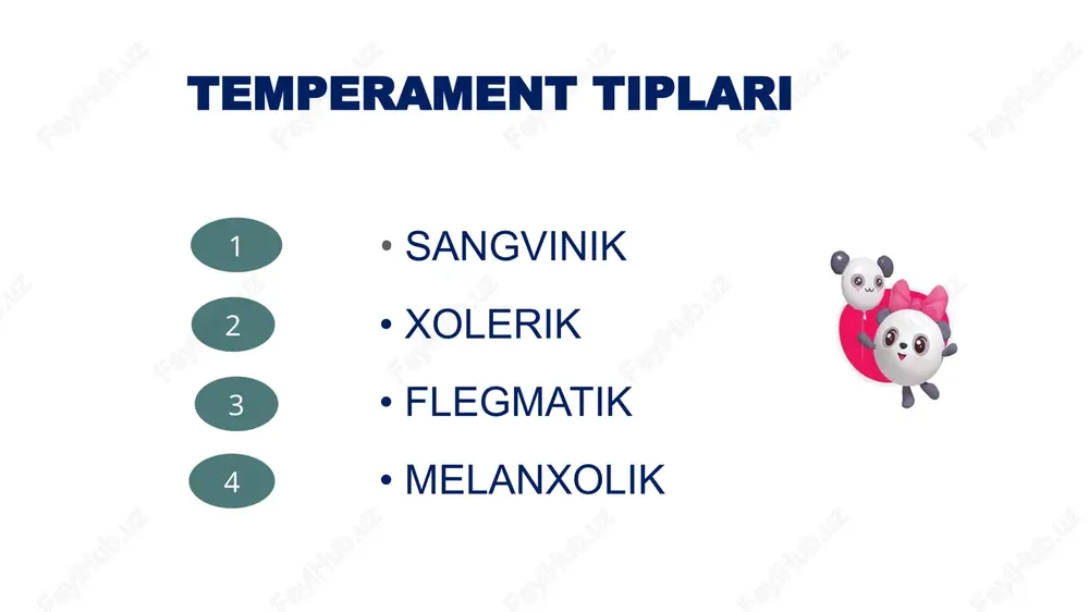 iyaga boy odam. u juda harakatchan. juda katta ish qobiliyatiga ega xolerik biror ishni qiziqib tez boshlaydi-yu, oxiriga etkazmay tez orada tashlab qo‘yadi. xolerik hech qachon bir maromda ishlay olmaydi, goh g‘ayrat bilan, goh imillab ishlaydi. ehtiyotkorlik, matonat va chidam talab qilinadigan vaziyatlarda xolerik qiyin ahvolga tushib qoladi. xolerikning jahlini chiqarish juda oson. xolerik ham kuchli tipga kiradi. melanxolik 4. melanxolik – g‘amgin, zaif, yig‘loqi va jur’atsiz odam. u salga xafa bo‘ladi, jiddiyroq ishlarga jur’at etolmaydi, o‘z fikriga ega emas. melanxolik arzimagan qiyinchiliklarga bardosh bera olmaydi, ularga qarshi kurashdan voz kechadi. sangvinik va flegmatik esa qiyinchiliklarni oson yengishadi, xolerik esa ularni hatto yo‘q qilib yuboradi. melanxolikda ijobiy his tuyg‘udan salbiy his-tuyg‘ular ustunlik qiladi. baxtli voqealarga qaraganda, noxush voqealar ularga ko‘proq ta’sir qiladi. shuning uchun ham melanxolik doimo tushkun kayfiyatda yuradi. melanxolik – temperamentning kuchsiz tipi. e'tiboringiz uchun rahmat! image3.jpeg image1.png image2.jpeg image4.png image5.png image6.jpeg image7.jpeg image8.jpeg image9.jpeg image10.png image11.png image12.jpeg …