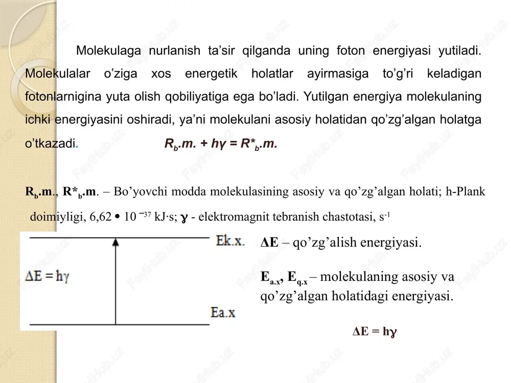 3,03 qo’zg’alish energiyasi oddiy molekulalarda energetik daraja va elektron ko’chishlarning turlari molekulyar orbitallar va elektron qo'zg'alishlar image2.png image3.png image4.png image5.emf image6.png /docprops/thumbnail.jpeg