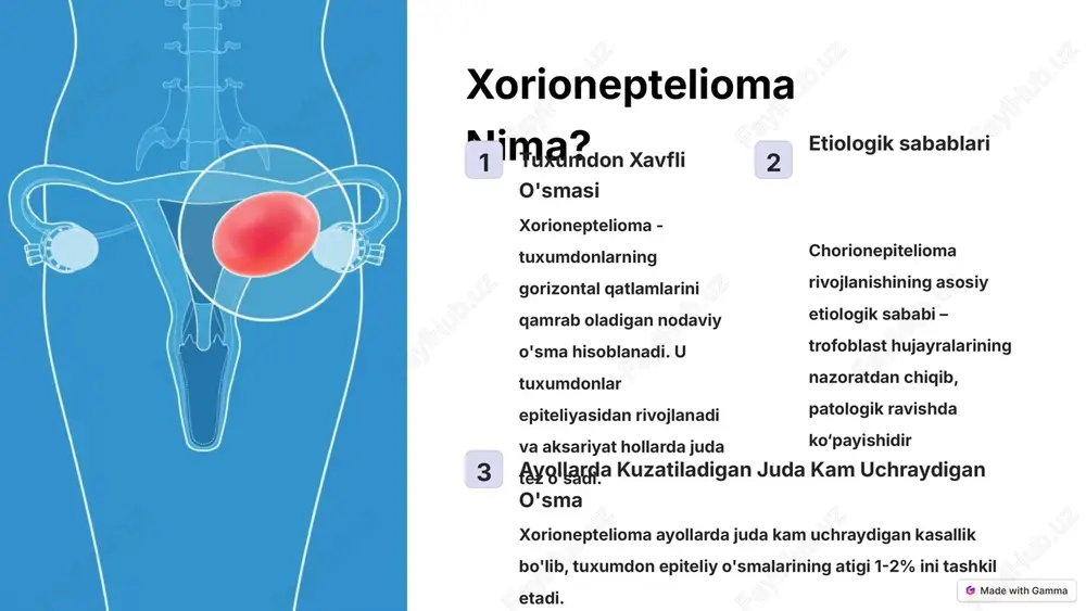 iagnostik uskunalar kompyuter tomografiyasi, yamr va ultratovush tekshiruvlari xorionepteliomani aniqlash va uning tarqalish darajasini belgilashda asosiy rol o'ynaydi. immunologik tahlillar xorion gormoni (hcg) va onkomarkerlardagi o'zgarishlar tashxis qo'yishga yordam beradi. hujayraviy tahlillar ham muhim ahamiyatga ega. ‹#› xorionepteliomani erta aniqlash va diagnostika jismoniy ko'rik shifokkor avval kasalning anamnezini yig'ib, jismoniy ko'rik o'tkazadi. nodaviy o'sma, shish, bosim paydo bo'lganmi, tekshiradi. laboratoriya tahlillari xorion gormoni (hcg) darajasini aniqlash diagnostikada muhim rol o'ynaydi. bu, shuningdek, kasallikning rivojlanish bosqichlarini, prognozini belgilashda ham yordam beradi. yangi diagnostika usullari kompyuter tomografiyasi, mrt, pet-kt va gistologik tekshiruvlar o'sma va uning tarqalish darajasini aniqlashda muhim ahamiyatga ega. ‹#› xorionepteliomani davolash 1 jarrohlik amaliyoti o'sma va uning yoyilgan qismlari operativ yo'l bilan olib tashlanadi. bu kasallikning erta bosqichlarida qo'llaniladi. 2 kimyoviy davo xorioneptelioma og'ir kechishi sababli, doimiy ravishda kuchli surunkali kimyoviy davo talab etiladi. metotrekcsat, aktinomisin d, siklofsfamid kabi preparatlar qo'llaniladi. 3 nurli davo radiatsiya davolashning muhim qismi bo'lib, …