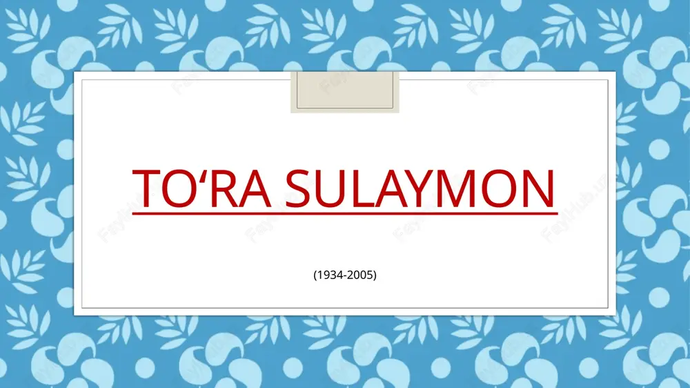 ang» «jahonnoma» «gul bir yon, chaman bir yon» «yov qochganda» asarlari to’ra sulaymon turli janrlarda ijod qildi.uning yuzlab she’rlari qo’shiq bo’lib yangradi. shoir 2004-yilda «mamlakatning tayanch nuqtasi» asarini yaratdi. hayotining so’ngida «al-qasosu min al-haq» asari uatida ishlaydi va bu asari uchun o’zbekiston xalq shoiri unvoni berilgan. to’ra sulaymon 2005- yilda vafot etgan. tavallo mustahkamlash shoirning bolalik yillari haqida nimalarni o’rgandingiz? shoirning xalqona ohanglarda ijod qiluvchi shoir ekanligini isbotlovchi she’rlarini sanang. onalar to’g’risida kuylangan she’rini toping. topshiriq to’ra sulaymon hayoti va ijodini to’liq o’rganing. shoirning «tavallo» she’rini yod oling. e’tiboringiz uchun rahmat image2.jpg image3.jpeg image4.jpeg image5.jpeg image6.jpeg image7.jpeg image8.jpeg image9.jpeg image10.jpeg image11.jpeg /docprops/thumbnail.jpeg