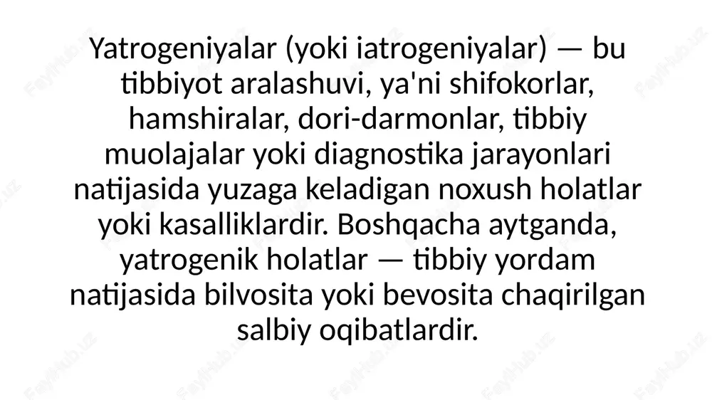 lida muhim bo‘lmagan belgilarni haddan ortiq urg‘ulash (hiperdiagnostika) orqali xavotir uyg‘otish. 4. psixoterapevtik yatrogeniya: noto‘g‘ri psixologik intervensiya yoki malakasiz psixoterapevtik yondashuv. psixologik yatrogeniyaning sabablari: 1. noto‘g‘ri yoki qo‘rqituvchi diagnostik muomala: masalan, shifokor: “sizning holatingiz juda og‘ir, balki tuzalmasligingiz ham mumkin.” — deyishi. bu so‘z bemorda umidsizlik yoki psixosomatik simptomlarga olib kelishi mumkin. 2. keraksiz tashxislar yoki xavfli bashoratlar: bemorda hali aniqlanmagan kasallikni og‘ir deb taxmin qilish. tashxisni haddan tashqari dramatik tarzda tushuntirish. 3. shifokorning sovuqqon, befarq yoki qo‘rqituvchi munosabati: bemorni tinglamaslik e’tibor bermaslik qo‘pollik yoki befarqlik 4. yaxshi tushuntirilmagan yoki noto‘g‘ri psixoterapevtik usullar: psixoterapiya vaqtida noto‘g‘ri muomala noo‘rin tavsiyalar psixologik yatrogeniyaning oqibatlari: depressiya yuqori darajadagi tashvish (anksiyete) hikondriyaz (doimiy kasallikdan qo‘rqish) ishtahsizlik, uyqusizlik, psixosomatik og‘riqlar tibbiy yordamdan voz kechish, shifokorlarga ishonchsizlik klinik misollar: misol 1: stajyor shifokor bemorga mrt natijalarini shunday tushuntiradi: "sizda orqada katta bo‘shliq bor, bu xavfli bo‘lishi mumkin." bu so‘z bemorda vahima, yurak urishi, uyqusizlik va bosh …