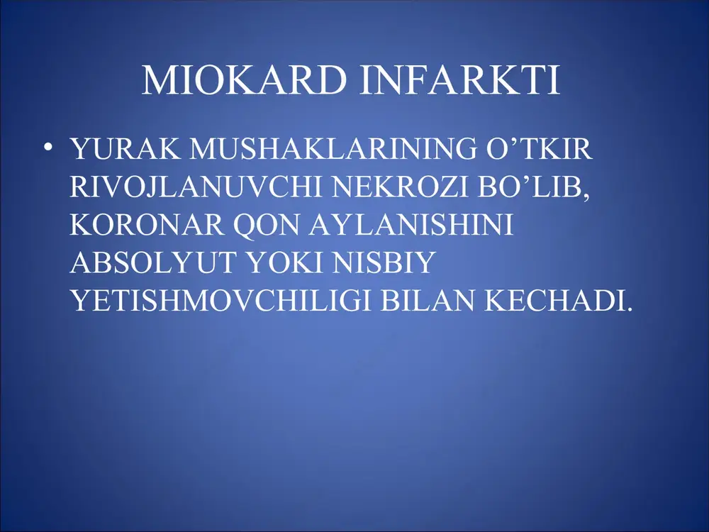 t – tishining alohida o’zgarishlari bilan o’tadigan miokard infarkti (mayda o’choqli) st – segmentining ko’tarilishi bilan o’tadigan miokard infarkti (intramural) – yaxshi kechishga ega, lekin retsidivlanish ehtimoli yuqori, tromboliik terapiya ko’rsatilgan st – segmentining depressiyasi bilan bo’ladigan miokard infarkti (subendokardial) – og’ir kechishga ega, oqibati yaxshi bo’lmaydi miokard infarktining klinik shakllari anginoz shakli miokard infarktining atipik shakllari: *gastralgik shakli (2-3%) *astmatik shakli (5-10%) *serebral shakli (3-5%) *og’riqsiz shakli (aritmik) *shishli shakli klinikasi shikoyatlari: og’riq ko’p terlash hansirash keskin quvvatsizlik gohida betoqatlik ob’ektiv ko’ruv rangparlik sovuq ter bosish gohida betoqat, bir joyda turolmaslik puls infarkt joylashishiga qarab sekin yoki tez/ aqb - past tushishga moyillik auskultatsiya i va ii ton bug’iqlashgan, 20% bemorlarda iii ton aniklanisi – “ot dupuri” ritmi yurak cho’qqisida sistolik shovqin 10% bemorlarda perikard ishqolanish shovqini gohida o’pkaning pastki qismlarida nam xirillashlar miokard infarktini tekshirish usullari ekg (85% to’liq ma'lumot beradi) exokg angiografiya (miokardni qon bilan ta'minlash darajasini …