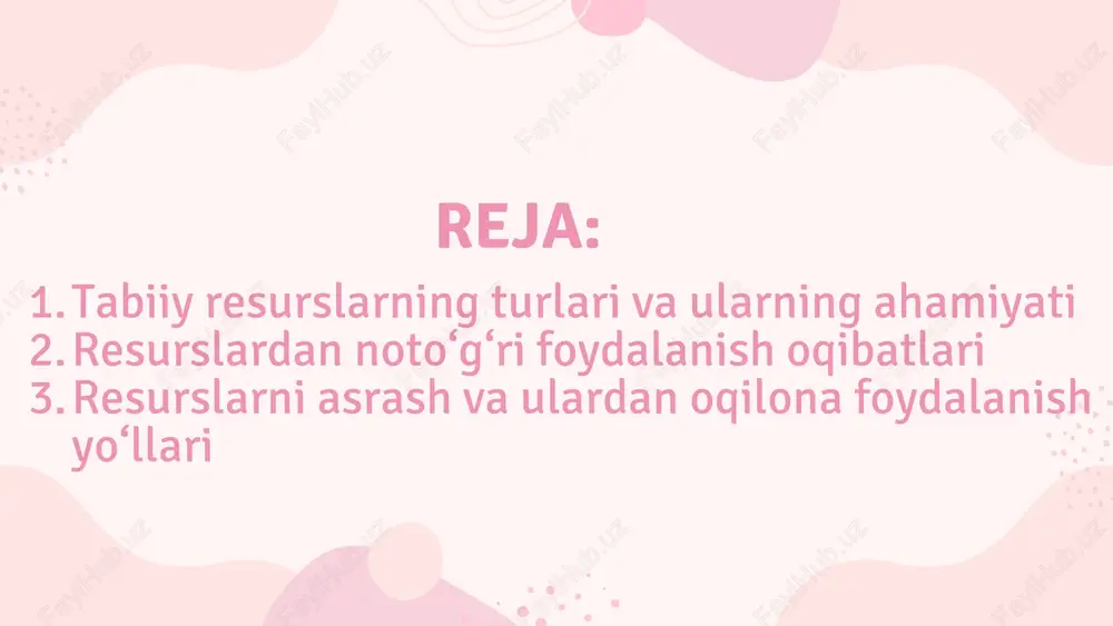 iiy zaxiralarini kamaytiradi. chigindilarni tartibsiz tashlash atrof-muhitning umumiy ifloslanishiga olib keladi. qishlog xo jaligida kimyoviy o'g‘itlardan noto'g ri foydalanish tuprogning tarkibini buzadi. pestitsidlarning ko‘payishi suv va oziq-ovqatning ifloslanishiga sabab bo'ladi. tabiiy resurslar kamaygani sayin iqtisodiy qiyinchiliklar kuchayadi. insonlarning migratsiyasi ekologik muhitning yomonlashuviga bog'liq holda ortadi. ekotizimlarning buzilishi ob-havo hodisalarining keskinlashishiga sabab bo'ladi. resurslardan beparvo foydalanish kelajak avlodlarning tabiiy boyliklaridan mahrum bo'lish xavfini tug‘diradi. bu muammolarni bartaraf etish uchun resurslardan oqilona va tejamkor foydalanish zarurdir. resurslarni asrash va ulardan ogilona foydalanish atrof- muhitni muhofaza gilishning eng muhim bosgqichidir. suvdan tejamkor foydalanish ichimlik suvini kelajak avlodlar uchun saqlashga yordam beradi. energiya tejovchi texnologiyalardan foydalanish tabiiy yogilgi sarfini kamaytiradi. qayta tiklanuvchi energiya manbalarini kengaytirish ekologik muammolarni kamaytiradi. o'rmonlarni himoya qilish va ko'chat ekish biologik xilma-xillikni tiklaydi. tuproqni unumdorligini saglash uchun ekologik xavfsiz usullarni qo llash zarur. chigindilarni qayta ishlash xomashyo sarfini kamaytiradi. transportda ekologik toza vositalardan foydalanish havo ifloslanishini kamaytiradi. qishlog xo'jaligida suvni …