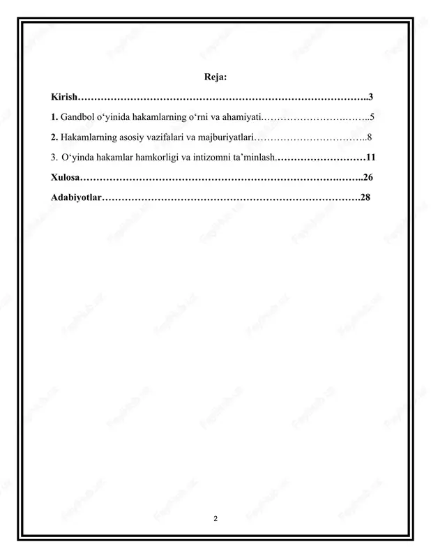 adrlar tayyorlash va ilmiy tadqiqotlar tizimini takomillashtirish va gandbol sport turini yanada rivojlantirish choralarini to‘g‘risidagi qarorlar alohida ahamiyatga ega. gandbol sport o‘yini jismoniy tayyorgarlik, texnik mahorat va taktik fikrlashni talab qiladigan ommabop sport turlaridan biridir. ushbu o‘yin jarayonining samarali va adolatli o‘tishi ko‘p jihatdan hakamlarning malakasi, kuzatuvchanligi va boshqaruv qobiliyatiga bog‘liq. hakamlar gandbol o‘yinini nazorat qiluvchi, qoidalar asosida yo‘naltiruvchi hamda tartib-intizomni ta’minlovchi muhim shaxslar hisoblanadi. ularning o‘rni nafaqat o‘yin natijasiga, balki sportchilarning ruhiy tayyorgarligiga, o‘yin sifati va sport axloqiga ham bevosita ta’sir ko‘rsatadi. gandbol o‘yini davomida yuzaga keladigan bahsli holatlar, qo‘pol o‘yinlar, noto‘g‘ri harakatlar va texnik xatolarni o‘z vaqtida aniqlash va to‘g‘ri baholash hakamning asosiy mas’uliyatlaridan biridir. shu jihatdan hakamlik faoliyati chuqur bilim, jismoniy chaqqonlik, ruhiy barqarorlik va xolislikni talab qiladi. bugungi kunda gandbol o‘yinlarida hakamlarning roli yanada kuchayib, o‘yin sifati va adolat darajasini oshirishda ularga bo‘lgan talab ortib bormoqda. shu sababli, gandbol o‘yinida hakamlarning vazifalarini, ularning o‘zaro hamkorligini, boshqaruv …