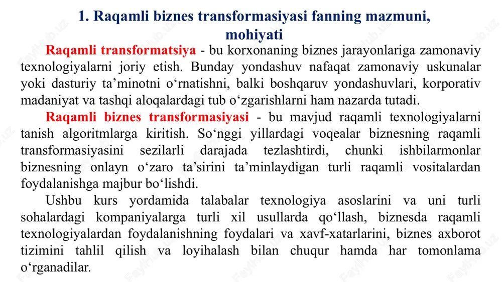odiyoti 4.1. video ma’ruza. raqamli asrning o‘ziga xos belgisi sifatida doimiy muvaffaqiyatsizliklar. 4.2. raqamli asrda raqobatbardosh hayot siklining tabiati. 4.3. innovasiyalar va texnologik o‘zgarishlarning asosiy iqtisodiyoti. 4 4 12 2. fanning tarkibiy tuzilishi № mavzular ma’ruza savollari soatlar ma’- ruza ama-liy musta-qil ta’lim 5. it sohasida 3 ta platforma 5.1. 20-asrning o‘rtalaridan boshlab it platformalarining rivojlanishini ko‘rib chiqish. 5.2. raqamli transformasiyani qo‘llab-quvvatlash uchun uchinchi platformaning asosiy xususiyatlari: bulut, mobil, ijtimoiy tarmoqlar va katta ma’lumotlar. 4 4 14 6. texnologiyalarni ko‘rib chiqish 6.1. video ma’ruza. raqamli transformasiyaning asosiy omillari. ular tomonidan yaratigan imkoniyatlar va ular yaratayotgan muammolar 6.2. yangi tendensiyalar va texnologiyalar 4 4 16 7. eng ko‘p talab qilinadigan texnologiyalar 7.1. bulutli hisoblash. 7.2. katta ma’lumotlarni tahlil qilish. 7.3. buyumlar interneti. 7.4. tarqalgan daftar. 7.5. bioinformatika. 7.6. vr/ar texnologiyalari. 7.7. texnologiyalarni amalga oshirish jadvali. 6 6 20 8. raqamli transformasiya amaliyoti 8.1. transformasiyaning ijobiy, salbiy va ijtimoiy oqibatlari. 8.2. turli …
