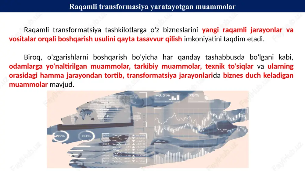 vojlanish uchun noyob imkoniyatlarni taqdim etsa-da, u tanqidiy fikrlashga va biznesingizning asosiy jihatlarini qayta tasavvur qilishga majbur qiladi. 2023 yilda raqamli transformatsiya loyihalarini amalga oshirishda e'tiborga olish kerak bo'lgan 9 ta eng muhim muammo: o'zgarishlarni boshqarish strategiyasi-ning yo'qligi murakkab dasturiy ta'minot va texnologiya yangi uskunalar va jarayonlarni o'zlashtirish mijoz ehtiyojlari-ning doimiy evolyutsiyasi raqamli transformat-siya strategiyasi-ning yo'qligi tegishli it ko'nikmalari-ning yetishmasligi xavfsizlik tashvishlari byudjet cheklovlari madaniyat tafakkuri 1. o'zgarishlarni boshqarish strategiyasining yo'qligi o'zgarishlarni boshqarish strategiyasiga ega bo'lgan tashkilotlar raqamli transformatsiya maqsadlariga erishish yoki undan oshib ketish ehtimoli 6 baravar yuqori. kuchli o'zgarishlarni boshqarish madaniyatiga ega bo'lish har qanday tashkilot muvaffaqiyati uchun juda muhimdir. o'zgartirish strategiyasining yetishmasligi har qanday yangi loyiha yoki amalga oshirish rejasini muvaffaqiyatsizlikka olib keladi. samarali o'zgarishlarni boshqarish strategiyasi muammolarning asosiy sabablarini aniqlash va barcha manfaatdor tomonlar va xodimlar bilan munosabatlarni o'rnatish orqali loyihani rejalashtirishni o'z ichiga oladi. 2. murakkab dasturiy ta'minot va texnologiya korxona dasturiy ta'minoti o'ziga xos …