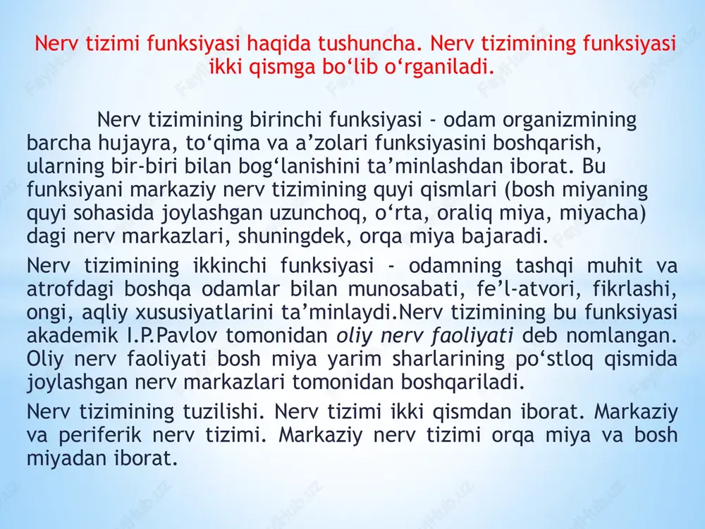 yuqori qismida nerv hujayralari bo‘lib, ipning uchi umurtqa pog‘onasining dum qismida tugaydi. orqa miya 31-33 segmentdan iborat. ularning 8 tasi bo‘yin qismida, 12 tasi ko‘krak, 5 tasi bel, 5 tasi dumg‘aza va 1- 3 tasi dum qismida bo‘ladi. orqa miya ko‘ndalangiga kesilsa, u ikki xil moddadan tuzilganligi ko‘rinadi: 1. tashqi qismi oq modda. 2. ichki qismi kulrang modda. kulrang modda kapalak yoki “h” harfiga o‘xshash bo‘lib, u nerv hujayralaridan tashkil topgan. orqa miya kulrang moddasining bir juft oldingi, bir juft orqa va bir juft yon shoxlari bo‘ladi. oldingi shoxlarida harakatlantiruvchi nerv hujayralari, orqa shoxlarida sezuvchi, yon shoxlarida vegetativ nerv hujayralari joylashgan. nerv hujayralarining kalta o‘simtalari hujayralarni bir-biri bilan tutashtiradi. ular umurtqa pog‘onasining kanalidan tashqariga chiqmaydi. nerv hujayralarining uzun o‘simtalari sezuvchi, harakatlantiruvchi va vegetativ nerv tolalarini tashkil etib, ular umurtqa pog‘onasidan tashqariga chiqib tananing to‘qima va a’zolariga boradi. orqa miyaning oq moddasi nerv tolalaridan tashkil topgan bo‘lib, ular orqa miyaning turli …