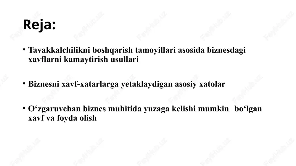 kning birikuvini optimal darajada ta’minlovchi harakat variantini topishdan iborat bo‘ladi. tavakkalchilik bo‘yicha mutaxassislarning bosh vazifasiga: kuchaygan tavakkalchilik sohalarini aniqlash; tavakkalchilik darajalarini baholash; tashkilot (firma) uchun mos keluvchi tavakkalchilik darajasini tahlil qilish; zarur vaziyatlarda tavakkalchilik darajasini pasaytirish yoki undan himoyalanish tadbirlarini ishlab chiqish; tavakkalchilik hodisasi sodir bo‘lganida undan ko‘rilgan zararni maksimal darajada qoplash bo‘yicha tadbirlar ishlab chiqish kabilar kiradi. tavakkalchilik nazariyasi va amaliyotini boshqarish buyicha bir qator asosli tamoyillar ishlab chiqilgan bo‘lib, ularning asosiylariga quyidagilarni kiritish mumkin: o‘z kapitalingiz imkoniyatidan ortiq xavf-xatarga ega bo‘lgan ishga qo‘l urmang; tavakkalchilik oqibati to‘g‘risida o‘ylab ko‘ring, tahlil qiling so‘ngra qaror qiling; arzimas foyda uchun katta xavf-xatarga bormang. birinchi tamoyilni amalga oshirishning ma’nosi shuki, tadbirkor tavakkalchilik vaziyatida qaror qabul qilishida: agar ishi aksiga sodir bo‘lsa, ko‘radigan zararini maksimal hajmini hisobga olishi zarur; kiritayotgan kapital va boshqa xususiy moliyaviy resurslar bilan taqqoslab, kelgusida ko‘rilgan zarar sinishga olib kelmasligini hisobga olish lozim. sug‘urta - bu xavflarni kamaytirishning eng …