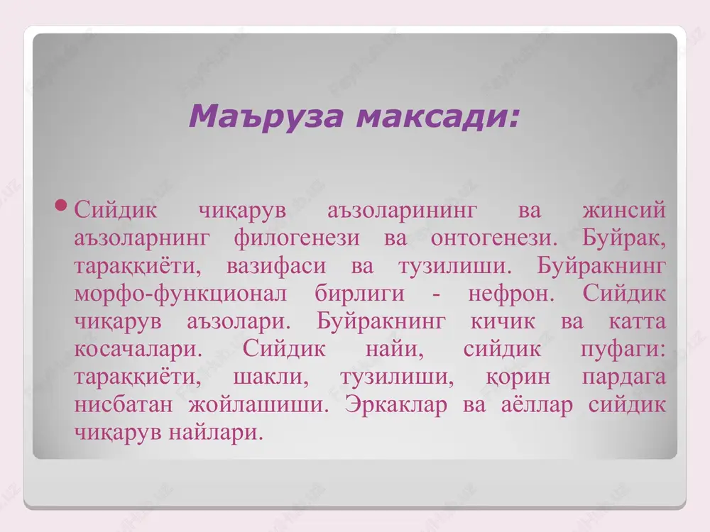 erlobulares segmenti pochki i vnutripochechnie sosudi verxniy segment nijniy segment zadniy segment peredniy verxniy segment peredniy nijniy segment vid speredi vid szadi vid szadi ureter a. renalis v. renalis pelvis renalis ureter buyrak jomi va siydik nayi calices renales minores calices renales majores calyx renalis minor calyx renalis major pelvis renalis calyx superior calyx medius calyx inferior siydik pufagi - vesica urinaria urethra fundus vesicae corpus vesicae cervics vesicae uvula vesicae ostium urethrae internum urethra femininum ostium urethrae externum siydik pufagi devorida mushaklarning yunalishi m. detrusor vesicae pars cervicis vesicae stratum externum longitudinale stratum internum longitudinale stratum circulare e'tiboringiz uchun raxmat!