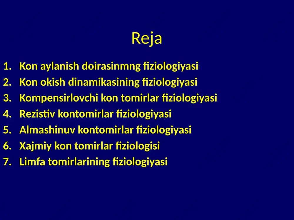 yoshiga boglik xolda arterial bosim mm.sm.ust. arterial bosimni ta'minlovchi faktorlar yurakning kiskarish kuchi qontomir uzunligi qon tomirning karshiligi (tonusi-diametri) qonning kovushkkligi yurak kiskarish kuchi, qontomir uzunligi, qontomir karshiligi, qonning kovushkokligi kancha katta bulsa shuncha arterial bosim yukori buladi yurak kiskarish kuchi, qontomir uzunligi, qontomir karshiligi, qonning kovushkokligi kancha kichik bulsa shuncha arterial bosim past buladi arterial bosim turlari maksimal arterial bosim yurakning kiskarish kuchiga boglikdir-yurakni kiskarish kuchini kursatadi mnimal arterial bosim qon tomir diametrini xosil klib karshilikni kursatadi puls bosimi maksimal va mnimal arterial bosim orasidagi bosm - tukimani qon bilan ta'minlanishixolatini kursatadi urtacha arterial bosim maksimal va mnimal arterial bosim yigindisining urtachasini xosil kiladi va qon bosimini kursatadi almashinuv qon tomirlar fiziologiyasi mikroserkulyator xavza tarkibiy kismlari arteriola metarteriola kapillyar prekapillyar va postkapillyar sfinktr postkapilyar venulla anastamoz qontomir almashinuv qon tomirlarning turlari somatik kapillyarlar (mushak, qontomir,mnt da faoliyat kursatadi) viseral kapillyarlar(ichak devori,buyrak, endokrin tizimida faoliyat kursatadi) sinusoidli kapillyarlar (suyak kumigi, …