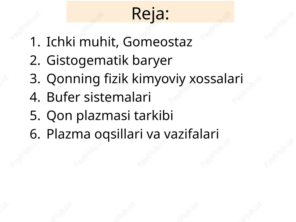sistemasi: simpatik nerv sistemasi parasimpatik nerv sistemasi gormonlar to`qima biologik aktiv moddalari sitokin gistamin geparin fermentlar gialuronidaza gistogematik baryer qon - o’zgargan biriktiruvchi to’qima bo`lib organizm ichki muhitining tarkibiga kiradi va tana massasining 6-8% ini tashkil qiladi. qon sistemasi tarkibiy qismlari: qon o`zi qon yaratilishini ta‘minlaydigan tuzilmalar: qonning yemirilishida ishtirok etuvchi a‘zolar: qon hosil bo`lishi va yemirilishini boshqaruvchi mexanizmlar tarkibi: plazma – 55-60% gemotokrit hujayralar – 40-45% -eritrotsitlar (qizil qon tanachalari)-o2 tashaydi -leykositlar (oq qon tanachalari)-infeksiyalardan himoya -trombositlar (qon plastinkalari) – gemostaz qon qon neytrofil transport nutritiv (trofik) respirator ekskretor regulyator himoya gomeostatik ( ph, ion, osmos) tana harorati ushlab turish zaxira (glukoza, suv, protein, lipid…) qon vazifalari qon fizik xossalari rang ko`rsatgich hajm yopishqoqlik solishtirma og`irlik ph osmotik va onkotik bosim rang ko`rsatgichi – eritrotsitlar tarkibidagi gemoglobin hisobiga hosil bo`ladi. normoxromiya – 0,85-1.05 oralig`i gipoxromiya – 0,85dan past giperxromiya – 1,05dan baland qon hajmi – tana massasining 6-8%i normovolemiya …