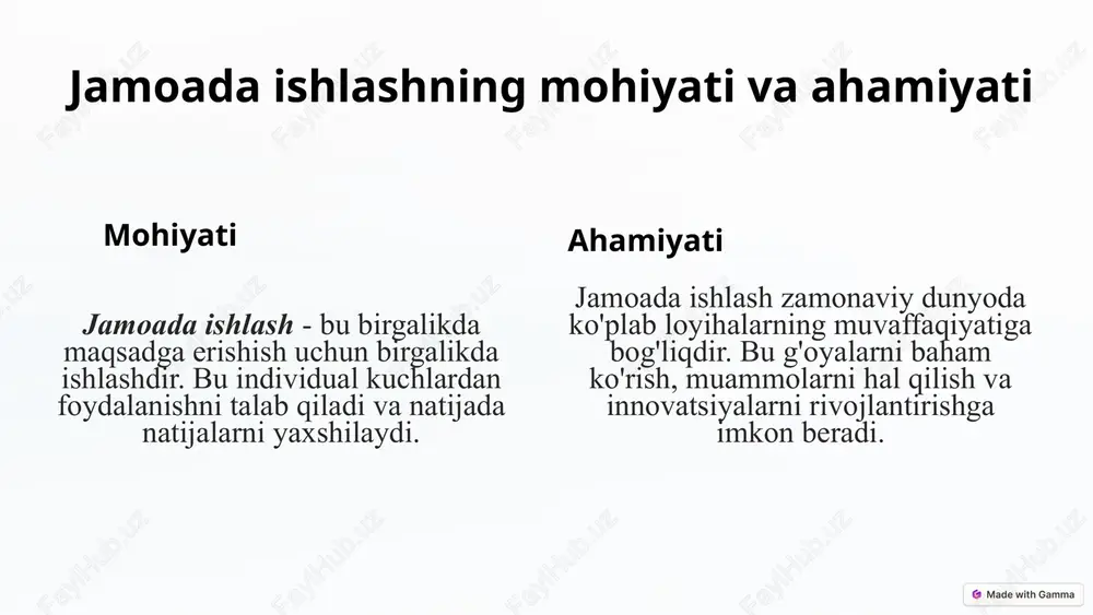 'lishi kerak. lider jamoani yo'naltirish, motivatsiya qilish va birdamlikni saqlashga yordam beradi. 4 jamoa kayfiyatini yaratish va jamoadagi ijobiy muhitni ta'minlash hurmat jamoa a'zolari bir-birlariga hurmat bilan munosabatda bo'lishlari kerak. bu ochiq muloqot va o'zaro ishonchga yordam beradi. qo'llab-quvvatlash jamoa a'zolari bir-birlarini qo'llab-quvvatlashlari kerak. bu muvaffaqiyatlarni birgalikda nishonlashga va qiyinchiliklarni birgalikda yengishga imkon beradi. ijobiy muhit jamoada ijobiy va motivatsiyali muhit yaratish kerak. bu a'zolarning ishtiyoqini oshiradi va samaradorlikni yaxshilaydi. 5 jamoa a'zolari o'rtasidagi muloqotni yaxshilash va o'zaro hamkorlikni rivojlantirish 1 ochiq va ochiq muloqot qilish - bu samarali jamoaning asosi. muloqotda to'siqlar bo'lmasligi va har bir a'zo o'z fikrini erkin bildirishi kerak. 2 o'zaro hamkorlikni rivojlantirish uchun jamoa a'zolari bir-birlarini qo'llab-quvvatlashlari va birgalikda ishlashga tayyor bo'lishlari kerak. har bir a'zo o'z vazifasiga mas'uliyatli yondashishi kerak. 3 samarali muloqot va hamkorlikni ta'minlash uchun jamoa a'zolari o'zaro hurmat va ishonchni rivojlantirishlari kerak. bu ochiq muloqot va birgalikda ishlashga imkon beradi. 6 …