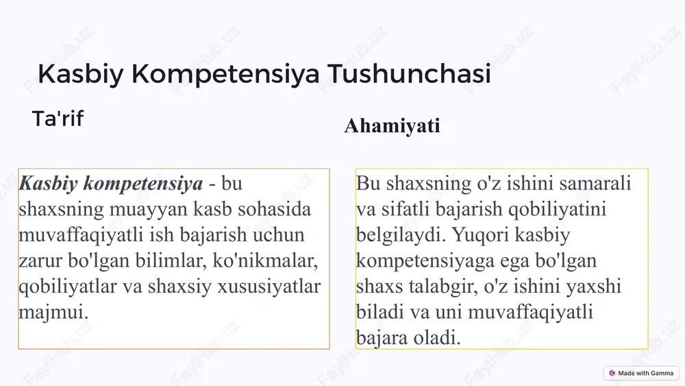 ok etish, savol berish, muhokama qilish va o'z fikrlaringizni bildirish. 2 amaliyotlar olingan bilimlarni amalda qo'llash va o'z ko'nikmalaringizni rivojlantirish. 3 tajriba almashish boshqa mutaxassislar bilan o'z tajribangizni almashib, ularning tajribasidan o'rganish. 7 kasbiy kompetensiya va kasbiy mahoratni uzluksiz rivojlantirish 1 bilimlar va ko'nikmalarni doimiy ravishda yangilab turish. 2 kasbiy o'sish uchun maqsadlar qo'yish va ularga erishish uchun harakat qilish. 3 yangiliklar va texnologiyalarni kuzatib borish va o'z bilimlaringizni oshirish. 8 xulosa va yakuniy takliflar kasbiy kompetensiya - bu muvaffaqiyatga erishish uchun muhim omil. o'zingizni rivojlantirish va kasbiy mahoratingizni oshirish uchun doimiy ravishda o'rganish, amaliyot o'tkazish va o'z ustida ishlash kerak. harakat qiling, maqsadlar qo'ying va muvaffaqiyatga erishing! 9 image1.png image2.png image3.png image4.png image5.png image6.png image7.png image8.png image9.png