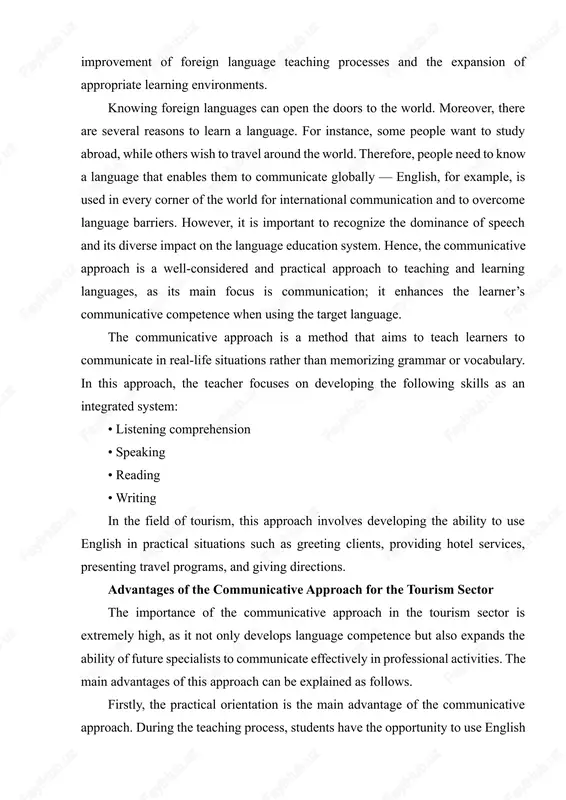 re several reasons to learn a language. for instance, some people want to study abroad, while others wish to travel around the world. therefore, people need to know a language that enables them to communicate globally — english, for example, is used in every corner of the world for international communication and to overcome language barriers. however, it is important to recognize the dominance of speech and its diverse impact on the language education system. hence, the communicative approach is a well-considered and practical approach to teaching and learning languages, as its main focus is communication; it enhances the learner’s communicative competence when using the target language. the communicative approach is a method that aims to teach learners to communicate in real-life situations rather than memorizing grammar or vocabulary. in this approach, the teacher focuses on developing the following skills as an integrated system: • listening comprehension • speaking • …