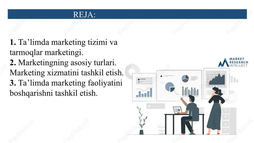 va ish beruvchi tashkilot va muassasalar o’rtasida bandlikni oshirish bo'yicha yordam ko'rsatuvchilardir. vositachilar – savdo, logistik, marketing va moliyaviy vositachilarga bo'linadi. hamkorlikda aloqa vositachilari – franchayzing, filiallar, sherikchilik, texnik-texnologik ta’minotchilar va h.o. moliyaviy vositachilar – bank, kredit, sug'urta va boshqa moliyaviy xizmatlarni amalga oshiradi. iste‘molchilar – firmalar, alohida jismoniy shaxslar yoki ularni potensial guruhi bo'lib, ular bozorda mavjud bo'lgan tovar va xizmatlarni olishga tayyor. iste‘molchi – bozor qiroli, marketing vazifasi doimo iste‘molchini xulq-atvorini o'rganish, uni ehtiyojini firma mahsulotiga bo'lgan munosabatini o'rganish, tahlil qilishdan iborat. marketingning asosiy modellari turlari ta’lim tizimida miqyosiga ko’ra marketingni asosiy turlari mikromarketing – ta’lim muassasasining ta’limga oid va yoki ta’limga oid bo’lmagan xizmatlar taklifini shakllantirish, turli xizmatlarni ko’rsatuvchidan iste‘molchi yoki foydalanuvchiga borish oqimini boshqarish bilan bog'liq bo'lgan faoliyatdir. uning asosiy vazifasi talabni qondirish va ayni paytda muassasa oldiga qo'ygan maqsadlarga erishishdir. boshqacha aytganda, bu ijtimoiy iqtisodiy jarayon bo'lib, ta’lim xizmatlariga bo'lajak talab tarkibini o'rganish, shuningdek bu …