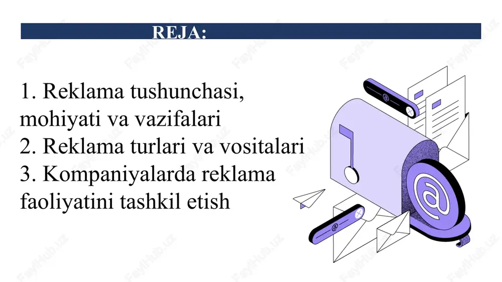ri matnli mavzulari g‘oyalarini ishlab chiqish uslubiyati reklama tarqatish-ning asosiy vositalari quyida reklamada aqshlik mutaxassislar tomonidan tuzilgan undovchi motivlarga misollar keltiriladi. 1. yuvilgan kirlarni yanada toza qiladi. 2. buzilgan oshqozonni tezda tinchlantiradi. 3. siz faqat eng yaxshi narsa jo‘natishni istaganda. 4. sizga munosib bo‘lgan teri uchun. 5. elash kerak bo‘lmagan un. 6. ajoyib, yengil pivoning haqiqiy ta’mi. 7. sizni jamiyat munosib qabul qilishini kafolatlaydigan dezodorant. 8. yosh rahbar uchun tufli. 9. zamonaviy kishilar uyini ifodalaydigan mebel. 10. yengilroq va uni ko‘tarish oson bo‘lgan portativ televizor. 11. nozik didli kishilar uchun stereosistema. o‘zbekiston respublikasining 07.06.2022 yildagi “reklama to‘g‘risida”gi o‘rq-776-sonli qonuni 1-modda. ushbu qonunning maqsadi ushbu qonunning maqsadi reklamani tayyorlash, joylashtirish va tarqatish (bundan buyon matnda reklamaning aylanishi deb yuritiladi) sohasidagi munosabatlarni tartibga solishdan iborat. ushbu qonun hujjati 8-bob, 53-moddadan iborat ushbu qonunning amal qilishi reklama tayyorlangan joydan qat’i nazar, agar mazkur reklama o‘zbekiston respublikasi hududida foydalanishga va tarqatishga qaratilgan bo‘lsa, reklamaning …