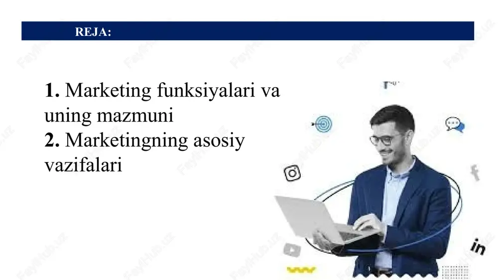 i. tahliliy funksiyada tashqi muhit omillari, bozor, uning elementlari va holati, iste‘molchilar, bozorni tuzilishi, tovar va tovarni tuzilishi, shuningdek firmaning ichki muhiti tahlil qilinadi. bunda firma rahbariyati tomonidan nazorat qilinadigan omillar- texnologik jarayon, moliyaviy ahvoli, tashkiliy tuzilish, bozorni tanlash va boshqalar hisobga olinadi. tashqi muhit omillariga - iste‘molchilar, raqobat hukumat, iqtisodiyot, texnologiya, mustaqil ommaviy axborot vositalari kabi nazorat qilinmaydigan omillar kiradi. 2. mahsulot yaratish funksiyasi mahsulot yaratish funksiyasi orqali marketing faoliyatida yangi mahsulotlarni yaratish, yangi mahsulotlar ishlab chiqarishni tashkil etish, ishlab chiqarish sohasiga tovar raqobatdoshligi va sifatni boshqarish, shuningdek tovar siyosatini ishlab chiqish masalalari hal etiladi. 3. sotish funksiyasi sotish funksiyasi orqali tovarni taqsimlash va sotish siyosatini ishlab chiqish, savdo-taqsimot tarmog’i orqali sotuvni tashkil etish, yuk tashishni va omborga joylashtirishni tashkil etish, tovar aylanmasini aniqlash, taqsimot tizimini fizik oqimlarini nazorat qilish va sotishni tahlil etish o’rganiladi. 4. tovarni siljitish funksiyasi tovarni siljitish funksiyasi natijasida - sotishni rag’batlantirish va reklama siyosatini …