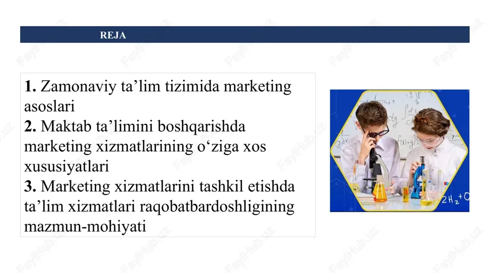 im xizmatlari bozori sub’ektlarining falsafasi, strategiyasi va taktikasini, xulq-atvori va munosabatlarini, shuningdek, bu xizmatlarni (ta’minot) ishlab chiqaradigan, sotadigan, sotib oladigan hamda iste’mol qiladigan davlat va mahalliy organlari, tuzilmalarini o‘rganadigan hamda shakllantiradigan ilmiy va amaliy fan». s.a.belyakov fikriga ko‘ra… «ta’lim xizmatlari marketingi - bu ta’limga bo‘lgan ehtiyojni to‘liq va yaxshiroq qondirish hisobiga ta’lim muassasasining raqobatdoshligini kuchaytirishga yordam beradigan ijtimoiy yo‘naltirilgan jarayondir». ta’lim sohasidagi marketing faoliyatining o‘ziga xos xususiyati shundaki, uning tadqiqot obyekti ikkita bozorga qaratiladi: ta’lim xizmatlari bozori marketing tadqiqotlari; mehnat bozorida marketing tadqiqotlari. ta’lim xizmatlari marketingi tovarlar marketingidan farqli o‘laroq nafaqat xizmat to‘g‘risida kerakli ma’lumotlarni taqdim etishga, balki, avvalo, uning individual qadriyatlarini mustahkamlashga, ta’lim oluvchiga ta’lim jarayonida beriladigan imtiyozlar to‘g‘risida aniqroq fikr yuritishga yo‘naltirilgan bo‘lishi kerak. demak, ta’lim xizmatlari marketingi boshqaruv jarayoni bo‘lib, umumta’lim maktab rahbarlarining ta’lim xizmatlari bozorini o‘rganish, bashorat qilish va ularning rivojlanishining eng istiqbolli yo‘nalishlarini aniqlashga yordam beradi hamda ta’lim muassasasining barqaror rivojlanishini ta’minlaydi. ta’lim xizmatlari bozori …