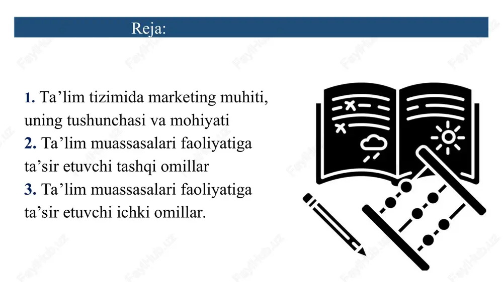ini o'zgartirdi. ta'lim muassasalari texnologik o'zgarishlarga moslashishi va marketing, onlayn ta'lim va talabalarni jalb qilish uchun raqamli platformalardan foydalanishi kerak . ta'lim bozori muhitining asosiy tarkibiy qismlariga quyidagilar kiradi: siyosiy omillar ta'lim muassasalarining marketing muhitiga sezilarli ta'sir ko’rsatadi. ular quyidagi omillardan iborat hukumat tomonidan qo’llab quvvatlash va moliyalashtirish siyosatidagi o’zgarishlar ta'lim muassasalarining mas'uliyati va samaradorligini oshirish choralari jamoatchilik tushunchasi va mafkuraviy omillar normativ muvofiqlik; me'yoriy-huquqiy talablar xulosa ta’lim muassasalarining marketing muhitini shakllantirishda siyosiy omillarning ahamiyati katta. davlat tomonidan moliyalashtirish, siyosat, javobgarlik choralari, jamoatchilik fikri, mafkuraviy omillar va me'yoriy hujjatlarga rioya qilish siyosiy qarorlar ta'sirida bo'ladi va ta'lim muassasalarining marketing strategiyalari va faoliyatiga ta'sir qilishi mumkin. umumiy o’rta ta’lim maktablari ta’lim tizimining boshqarishni strategiyalash o‘zbekiston respublikasi vazirlar mahkamasining qarori, 27.03.2018 yildagi 241-son 2018-yil 1-apreldan boshlab nodavlat ta’lim xizmatlari ko‘rsatish sohasidagi faoliyat o‘zbekiston respublikasi vazirlar mahkamasi huzuridagi ta’lim sifatini nazorat qilish davlat inspeksiyasi tomonidan litsenziyalanadi. o‘zbekiston respublikasi vazirlar mahkamasi huzuridagi ta’lim sifatini …