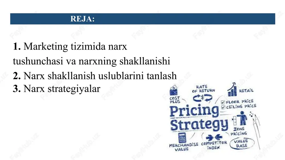 stributsiya – bu mahsulotni ishlab chiqaruvchilardan to so‘nggi iste’molchilargacha yetkazishga yo‘naltirilgan kompleks logistik faoliyat. distributor kompaniyasi uchun – ishlab chiqaruvchidan xaridorgacha mahsulotlar harakatini va muayyan hududda mahsulotlarni taqsimlashni tashkillashtirish. mahsulot ta’minlovchisi uchun distributsiya – savdoning turli yo‘llarida boshqarish va rejalashtirishga asoslanuvchi sotuvlarning boshqaruv tizimini tashkil etish. narx bajaradigan ba’zi bir vazifalarni ko‘rib chiqamiz: avvalo, narxlar ishlab chiqarish va iste’moldagi o‘zgarishlardan xabar beradi. narxlar faqat iste’moldagina emas, balki ishlab chiqarishdagi o‘zgarishlardan ham darak beradi. narxlarning boshqa muhim vazifasi - ishlab chiqaruvchilar va iste’molchini rag‘batlantirishdir. narxlarning uchinchi vazifasi ikkinchisi bilan chambarchas bog‘liq. bu daromadlarning taqsimlanishidir. narxlarning to‘rtinchi vazifasi alohida korxonalarga va xo‘jalik sohalariga ishlab chiqarish omillarini taqsimlashdir. narxning iqtisodiy mazmunini uning funksiyalari ko‗rsatib beradi. narx nimaga tegishli bo’lishidan qat‘iy nazar (tovar, xizmat) beshta asosiy funksiyani bajaradi: 1. bozor muvozanatini ta‘minlash funksiyasi; 2. hisob-kitob, ulchov funksiyasi; 3. iqtisodiy regulyator funksiyasi; 4. raqobat vositasi funksiyasi; 5. ijtimoiy himoya funksiyasi. narxlarni quyidagi belgilar orqali turkumlash …