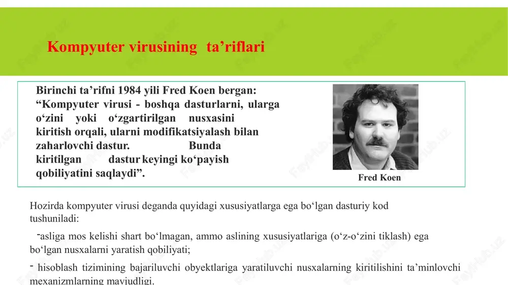 sturlar yoza oladi. professional dasturchilar kompyuterlarni zararlashni yangi usullarini o'ylab topa oladigan, shuningdek, zararlii harakatlarini yashiradigan va antivirus dasturlariga qarshi tura oladigan kuchli dasturchilar juda xavfli hisoblanadi. viruslarni turkumlanishi yashash makoni operatsion tizim ishlash algoritmi xususiyati destruktiv imkoniyatlari kompyuter viruslarini yashash makoni fayl viruslari bajariluvchi fayllarga turli usullar bilan kiritiladi (eng ko‘p tarqalgan viruslar xili), yoki fayl-egizaklarni (kompanon viruslar) yaratadi yoki faylli tizimlarni (link-viruslar) tashkil etish xususiyatidan foydalanadi fayl viruslari yuklama viruslar o‘zini diskning yuklama sektoriga (boot - sektoriga) yoki vinchesteming tizimli yuklovchisi (masterbootrecord) bo‘lgan sektorga yozadi. yuklama viruslar tizim yuklanishida boshqarishni oluvchi dastur kodi vazifasini bajaradi. yuklama viruslar makroviruslar axborotni ishlovchi zamonaviy tizimlarning makrodasturlarini va fayllarini, xususan microsoft word, microsoft excel va h. kabi ommaviy muharrirlarning fayl-hujjatlarini va elektron jadvallarini zaharlaydi. makroviruslar tarmoq viruslari o‘zini tarqatishda kompyuter tarmoqlari va elektron pochta protokollari va komandalaridan foydalanadi. ba’zida tarmoq viruslarini “qurt” xilidagi dasturlar deb yuritishadi. tarmoq viruslari internet-qurtlarga (internet bo‘yicha tarqaladi), …