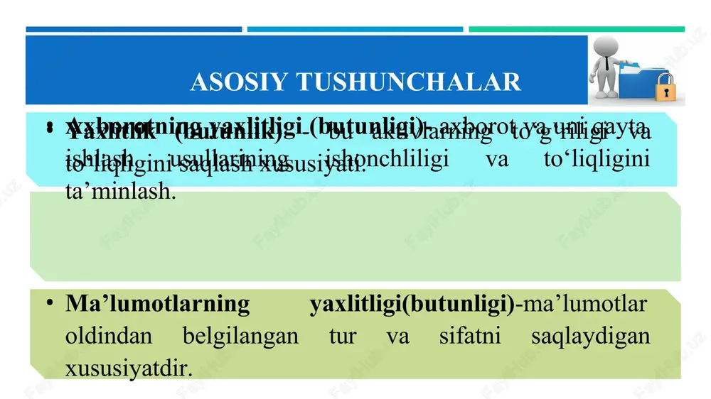 ni o‘zgartira olmaslikni kafolatlash maqsad qilinadi. buni amalga oshirish uchun balki xesh qiymatni simmetrik kalitli shifrlar asosida shifrlash zarurdir (ya’ni, e(h(m),k)). biroq, buni amalga oshirishning soddaroq usuli - xeshlangan mac (hashed mac yoki hmac) usuli mavjud. bu usulga ko‘ra, xesh qiymatni shifrlashning o‘rniga, xesh qiymatni hisoblash jarayonida kalitni bevosita ma’lumotga biriktirish amalga oshiriladi. hmac tizimida kalitlar qanday biriktiriladi? umumiy holda ikki usul: kalitni matnni oldidan qo‘yish (h(k,m)) yoki kalitni matndan keyin qo‘yish (h(m,k)) mavjud bo‘lsada, ularning har ikkalasida jiddiy xavfsizlik muammosi mavjud. xesh - funksiyalar asosida ma’lumot yaxlitligini tekshirish. hmac tizimida kalit ma’lumotga quyidagicha biriktiriladi. dastlab xesh funksiyadagi blokning uzunligi baytlarda aniqlanadi. masalan. md5 xesh funksiyasida blok uzunligi b = 64 baytga teng bo‘lsin. olingan kalit (k) uzunligi ham blok uzunligiga keltiriladi. bunda 3 ta holat bo‘lishi mumkin: (1) agar kalitning uzunligi 64 baytga teng bo‘lsa, hech qanday o‘zgarish amalga oshirilmaydi, (2) agar kalitning uzunligi 64 dan kichik bo‘lsa, u …