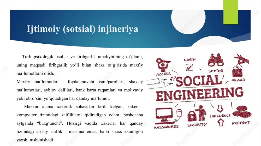mlar har kuni korporativ va shaxsiy pochta tizimlaridan o‘nlab, hatto yuzlab elektron pochta xabarlarini qabul qilishadi. har bir habarni harfigacha e’tibor berishning imkoni yo‘q. bu esa hujumlarni amalga oshirishni sezilarli darajada osonlashtiradi. elektron pochta tizimlarining ko‘plab foydalanuvchilari bunday holni bir papkadan ikkinchisiga qog‘ozlarni o‘tkazishning elektron analogi sifatida qabul qilishadi va xabarlarni qabul qilishda xotirjam bo‘lishadi. tajovuzkor pochta orqali oddiy so‘rov yuborganida, uning qurboni ko‘pincha uning xatti-harakatlari haqida o‘ylamasdan ular so‘ragan ishni bajaradi. elektron pochta bilan bog‘liq tahdidlar. xavfsizlik choralarining aksariyati ruxsatsiz foydalanuvchilarning korporativ resurslardan foydalanishini oldini olish uchun ishlab chiqilgan. buzg‘unchi tomonidan yuborilgan giperhavolaga murojaat orqali foydalanuvchining zararli dasturni korporativ tarmoqqa yuklashi ko‘plab himoya turlarini chetlab o‘tishga imkon beradi. giperhavola, shuningdek, ma’lumot yoki yordamni talab qiladigan qalqib chiquvchi ilovalar bilan turli xostlarga murojaatni talab qilishi mumkin. firibgarlikni va zararli hujumlarni oldini olishning eng samarali usuli - kutilmagan foydalanuvchining elektron xabarlarini tekshirish zarur tezkor xabarlardan foydalanishga asoslangan tahdidlar. tezkor xabarlar xizmatidan …
