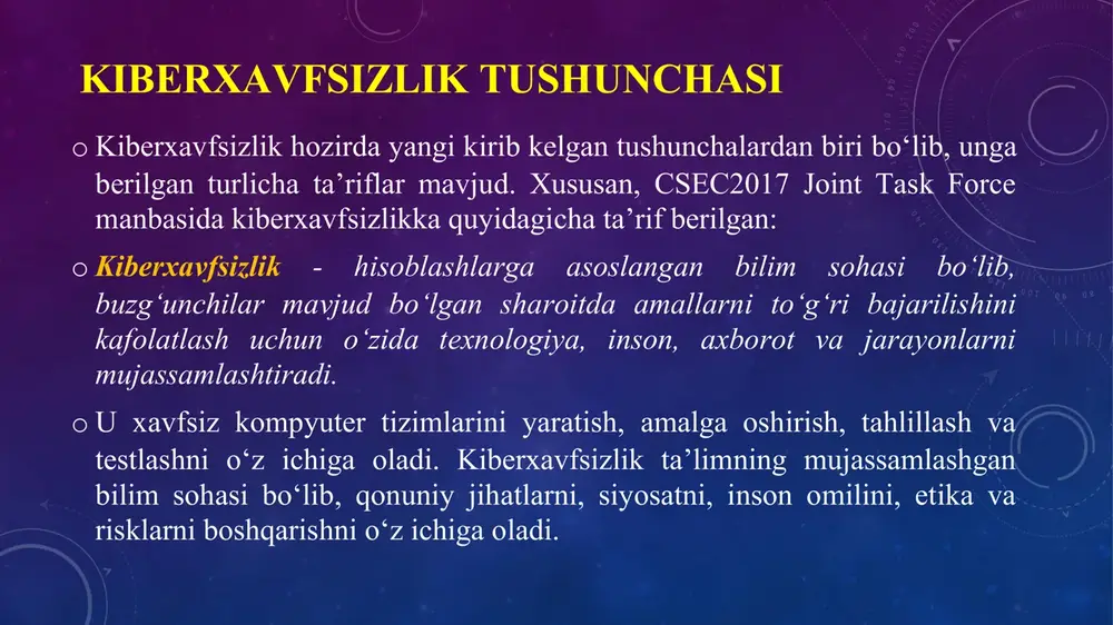 omili etika siyosat huquq kiberxavfsizlik hisoblashga asoslangan, mujassamlashgan bilim sohasi kompyuter injineriyasi axborot texnologiyalari axborot tizimlari dasturiy ta’minot injineriyasi kiberxavfsizlikni fundamental atamalari konfidensiallik axborot yoki uni eltuvchisining shunday holatiki, undan ruxsatsiz tanishishning yoki nusxalashning oldi olingan bo‘ladi. konfidensiallik axborotni ruxsatsiz “o‘qish”dan himoyalash bilan shug‘ullanadi yaxlitlik axborotning buzilmagan ko‘rinishida (axborotning qandaydir qayd etilgan holatiga nisbatan o‘zgarmagan shaklda) mavjud bo‘lishi ifodalangan xususiyati. yaxlitlik axborotni ruxsatsiz “yozish”dan (ya’ni, axborotni o‘zgartirishdan) himoyalash yoki kamida o‘zgartirilganligini aniqlash bilan shug‘ullanadi. foydalanuvchanlik avtorizatsiyalangan mantiqiy obyekt so‘rovi bo‘yicha axborotning tayyorlik va foydalanuvchanlik holatida bo‘lishi xususiyati. foydalanuvchanlik axborotni (yoki tizimni) ruxsatsiz “bajarmaslik”dan himoyalash bilan shug‘ullanadi. kiberxavfsizlikni fundamental atamalari risk potensial foyda yoki zarar bo‘lib, umumiy holda har qanday vaziyatga biror bir hodisani yuzaga kelish ehtimoli qo‘shilganida risk paydo bo‘ladi. iso “risk:- bu noaniqlikning maqsadlarga ta’siri” sifatida ta’rif bergan. hujum qilivchi shaxs kabi fikrlash bo‘lishi mumkin bo‘lgan xavfni oldini olish maqsadida qonuniy foydalanuvchining hujumchi kabi fikrlash jarayoni. tizimli fikrlash kafolatlangan …