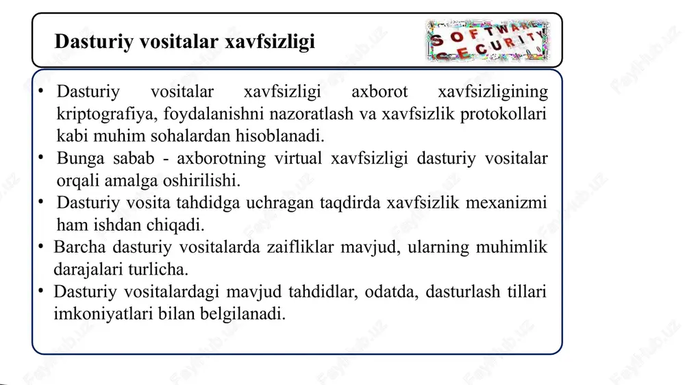 qator kodda 5 ta bag mavjudligini ko‘rsatadi. boshqacha aytganda, o‘rtacha 3kbayt .exe faylda 50 tacha bag bo‘ladi. dasturiy mahsulotlarda zaiflikka tegishli quyidagi tushunchalar mavjud. nuqson dasturni amalga oshirishdagi va loyihalashdagi zaifliklarning barchasi nuqson hisoblanadi va uning dasturiy vositalarda mavjudligi yillar davomida bilinmasligi mumkin. bag baglar dasturiy ta’minotni amalga oshirish bosqichiga tegishli muammo bo‘lib, ularni osongina aniqlash mumkin. misol sifatida dasturlashdagi buferning to ‘lib- toshishi (buffer overflow) holatini keltirish mumkin. xotiraning to‘lib-toshishi amalda ko‘p uchraydigan dasturlash tillaridagi kamchiliklar, odatda, taqiqlangan formatdagi yoki hajmdagi ma’lumotlarning kiritilishi natijasida kelib chiqadi. bu turdagi tahdidlar ichida keng tarqalgani - xotiraning to‘lib- toshishi tahdidi. dasturiy vosita xavfsizligining fundamental prinsiplari hujumga uchrashi mumkin bo‘lgan soha maydonini minimallashtirish dasturiy ta’minotga qo‘shilgan har bir xususiyat dasturga ma’lum miqdordagi xavf darajasini ham qo‘shadi. dasturni xavfsiz amalga oshirishning maqsadi - hujumga uchrashi mumkin bo‘lgan sohani toraytirish orqali umumiy dasturdagi xavfni kamaytirish. masalan, web saytlarda onlayn yordamini amalga oshirish uchun qidirish funksiyasi …