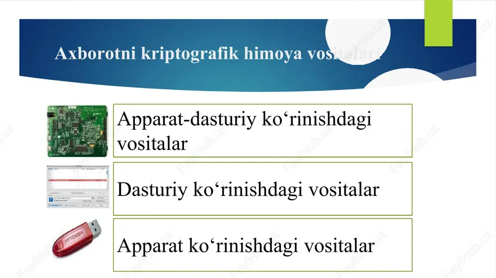 shirish, dasturiy vositaga qaraganda, yuqori narx talab etadi. dasturiy shifrlash vositalarini o‘ziga xos xususiyatlari · shifrlash uchun boshqa dasturlar bilan bir vaqtning o‘zida kompyuter resursidan foydalanadi; · kompyuterning himoyalanganlik darajasi saqlagichning himoyalanganlik darajasini belgilaydi; · foydalanuvchi tomonidan kiritilgan paroldan ma’lumotni shifrlash kaliti sifatida foydalaniladi; · dasturni yangilab turish talab etilishi mumkin; · katta bo‘lmagan tashkilotlar uchun foydalanish yuqori iqtisodiy samaradorlik beradi; · ixtiyoriy ma’lumotni saqlash usullari uchun shifrlashni amalga oshirish imkoniyati mavjud; · parolni to‘liq tanlash hujumiga yoki parolni topishga qaratilgan boshqa hujumlarga bardoshsiz; · apparat shifrlashga qaraganda kam sarf xarajat talab etadi. dasturiy shifrlash guruhlari diskni shifrlash dasturiy vositalari (disk encryption software) fayl/ katalogni shifrlash dasturiy vositalari (file/folder encryption) ma’lumotlar bazasini shifrlash dasturiy vositalari (database encryption) aloqani shifrlash dasturiy vositalari (communication encryption software) diskni shifrlash bu jarayon turli ma’lumotlarni saqlash vositalarida (qattiq disk, yumshoq disk, usb disk va bosh.) saqlangan ma’lumot konfidensialligini ta’minlash uchun amalga oshiriladi. bunda diskni shifrlashning …