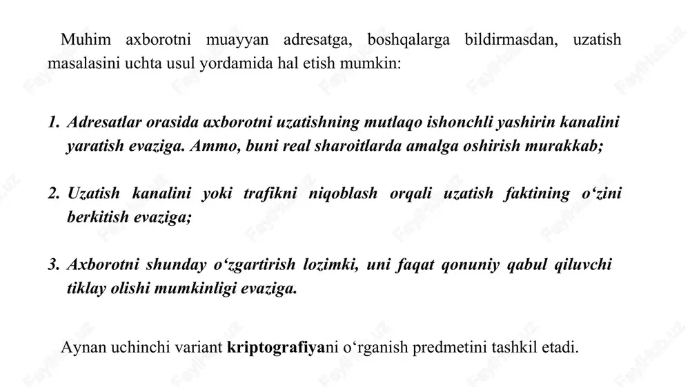 g o‘ziga xos o‘zgarishini tanlashni belgilaydigan shifr parametri. shifrlash – bu algoritm va kalit asosida aniq matnni kriptografik o‘zgartirishni odatda qo‘llash jarayoni, natijada shifrlangan matn. aks shifrlash (deshirrlash)- bu oddiy matnga shifrlangan matnni kriptografik usulda konvertatsiya qilishning normal jarayoni. kriptotahlil – bu ma’lumotlarning maxfiyligi va yaxlitligini buzishning matematik usullarini o‘rganadigan fan. kriptografiyaning asosiy tushunchalari kriptotahlilchi – bu kriptanaliz usullarini yaratuvchi va qo‘llaydigan olim. kriptografik hujum – bu kriptoanalizatorning hujumga uchragan xavfsiz ma’lumot almashish tizimida og‘ishlarni keltirib chiqarishga urinishi kriptografiyaning asosiy tushunchalari kriptobardoshlik- bu kriptografik algoritmning kriptoanalizga qarshi turish qobiliyati. kodlash – ma’lumotlarni osongina asliga qaytarish uchun hammaga (hattoki hujumchiga ham) ochiq bo‘lgan sxema yordamida ma’lumotlarni boshqa formatga o‘zgartirish. kodlash ma’lumotlardan foydalanish qulayligini ta’minlash uchun amalga oshiriladi va hamma uchun ochiq bo‘lgan sxemalardan foydalanadi. steganografiya – bu maxfiy xabarni sohta xabar ichiga berkitish orqali aloqani yashirish hisoblanadi. boshqacha aytganda, steganografiyaning asosiy g‘oyasi - maxfiy ma’lumotlarning mavjudligi haqidagi shubhani oldini olish. kerkgoff …