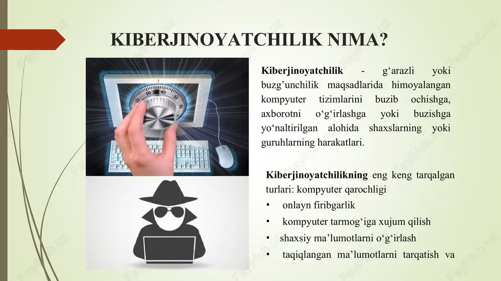 ozlar, kredit, moddiy boyliklar, tovariar, xizmatlar, imtiyozlar, ko‘chmas mulk, yoqilg‘i xom ashyosi, energiya manbalari va strategik xom ashyolarni noqonuniy o‘zlashtirish; soliq va boshqa yig‘imlarni to‘lashdan bosh tortish; jinoiy daromadlarni qonunlashtirish; qalbaki hujjatlar, shtamplar, muhrlar, blankalar, shaxsiy yutuq chiptalarini qalbakilashtirish; shaxsiy yoki siyosiy maqsadlarda maxfiy ma’lumotlarni olish; ma’muriyatning yoki ishdagi hamkasblarning yomon munosabatlari uchun qasos olish; shaxsiy yoki siyosiy maqsadlar uchun mamlakat pul tizimini buzish; mamlakatdagi vaziyatni, hududiy ma’muriy tuzilishni beqarorlashtirish; talonchilik, raqibni yo‘q qilish yoki siyosiy maqsadlar uchun muassasa, korxona yoki tizim ish tartibini buzish; shaxsiy intelektual qobiliyatini yoki ustunligini namoyish qilish. kriminologiya sohasiga nisbatan kiberjinoyatlarning turlari iqtisodiy kompyuter jinoyatchiligi iqtisodiy kompyuter jinoyatchiligi amalda ko‘p uchraydi. ular jinoyatchilarga millionlab aqsh dollari miqdoridagi noqonuniy daromadlar keltiradi. ular orasida keng tarqalgani firibgarlik, asosan, bank hisob raqamlari va bank kartalari orqali amalga oshiriladi. xalqaro amaliyotda plastik kartalar bilan sodir etilgan jinoyatlar yo‘qolgan yoki o‘g‘irlangan kartalar, soxta to‘lov kartalarini yaratish yoki ulardan foydalanish, karta …