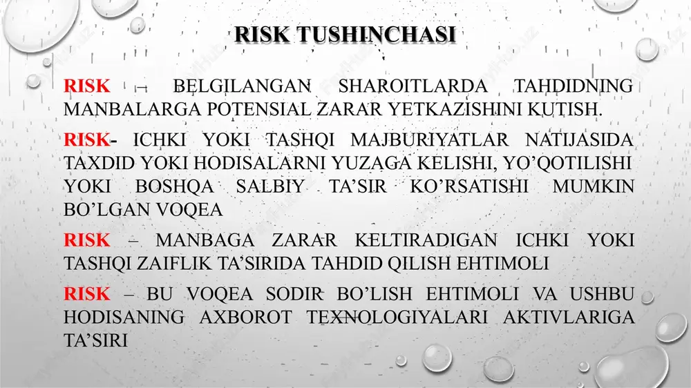 yidagi tenglik bilan ifodalanadi: risk darajasi = natija * ehtimollik. riskning darajalari risk darajasi harakati ekstramal yuqori va yuqori risklarga qarshi zudlik bilan chora ko’rish zarur riskni yetarlicha past darajaga tushirish uchun nazoratlash vositalarini aniqlash va o’rnatish kerak o’rta zudlik bilan chora ko’rish talab etilmasada, qisqa vaqtda qarshi harakatlarni qo’llash zarur riskni yetarlicha past darajaga tushirish uchun imkoni boricha nazoratni amalga oshirish kerak past risk ta’sirini kamaytirish uchun profilaktika choralarini ko’rish kerak risk matritsasi risk matritsasi risklarni turli darajalarda aniqlash va jiddiylik nuqtai nazaridan guruhlash imkonini beradi riskni boshqarish risklarni boshqarish - risklarni aniqlash, baholash, javob berish va bo‘lishi mumkin bo‘lgan ta’sirga tashkilot tomonidan javob berilishini amalga oshirish jarayoni. risklarni boshqarish xavfsizlikning hayotiy siklida o‘zining muhim o‘miga ega, u davomiy va hattoki murakkablashib boruvchi jarayon hisoblanadi. risklar turli tashkilotlar uchun turlicha bo‘lsada, risklarni boshqarishga tayyorgarlik ko‘rish barcha tashkilotlar uchun umumiy risklarni boshqarishdan asosiy maqsad quyidagilar: bo‘lishi mumkin bo‘lgan risklarni aniqlash; …