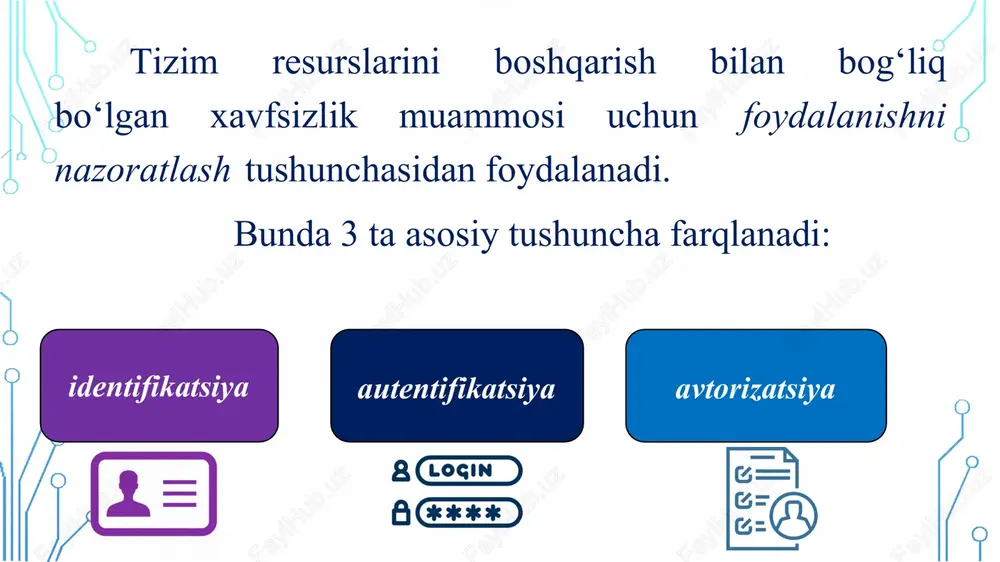 a, autentifikatsiya binar qaror hisoblanadi - ya’ni, ruxsat beriladi yoki yo‘q. avtorizatsiya esa tizimning turli resurslaridan foydalanishni cheklash uchun foydalaniluvchi qoidalar to‘plami. xavfsizlik sohasida aksariyat atamalar standart ma’nolaridan boshqa hollarda ham qo‘llaniladi. xususan, foydalanishlarni nazoratlash ko‘p hollarda avtorizatsiyaga sinonim sifatida ishlatiladi. biroq, mazkur o‘quv qo‘llanmada foydalanishlarni nazoratlash biroz kengroq qaralgan. ya’ni, autentifikatsiya va avtorizasiya jarayonlari foydalanishlarni nazoratlashning alohida qismlari sifatida ko‘riladi. yuqorida keltirilgan atamalarga berilgan ta’riflarni umumlashtirgan holda quyidagicha xulosa qilish mumkin: identifikatsiya - siz kimsiz? autentifikatsiya - siz haqiqatdan ham sizmisiz? avtorizatsiya - sizga buni bajarishga ruxsat bormi? identifikatsiya aniqlash autentifikatsiya tekshirish avtorizatsiya ruxsat bir omilli autentifikatsiya autentifikatsiya turlari ko‘p omilli autentifikatsiya bir omilli autentifikatsiyada tekshirish faqat bitta omil bo‘yicha (masalan, parol) amalga oshirilsa, bunday autentifikatsiya bir omilli autentifikatsiya deb yuritiladi. masalan, elektron pochtaga kirishda faqat parolni bilishning o‘zi yetarli bo‘ladi agar tizimda turli tur autentifikatsiya omillarini birgalikda ishlatuvchi vositalardan foydalanilsa, ko‘p omilli autentifikatsiya xususida gapirish mumkin. bunday tizimlarni …
