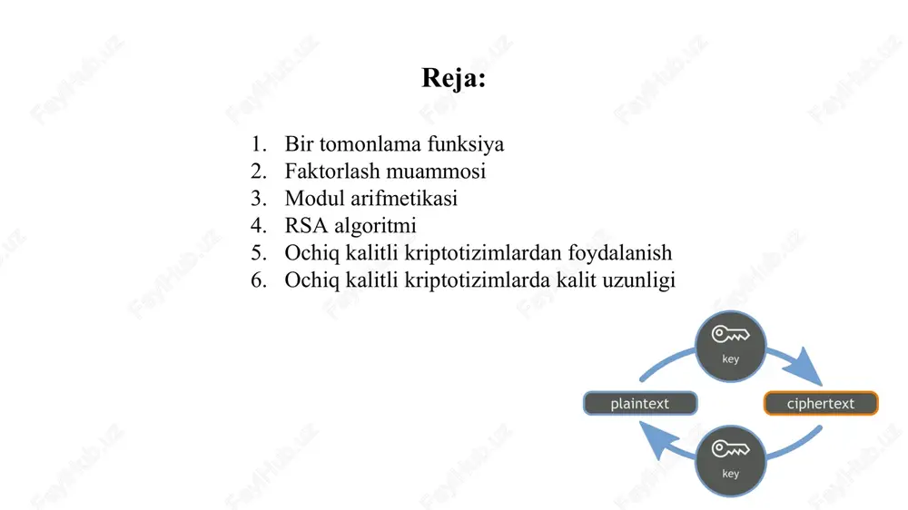 onining teskarisi 1/a ga teng bo‘lsa, modul arifmetikasida esa a sonining n modul bo‘yicha teskarisi a-1modn ko‘rinishida belgilanadi. odatiy matematikada sonni uning teskarisiga ko‘paytmasi birga teng bo‘lgani kabi, modul arifmetikasida ham soning uning teskarisiga moduldagi ko‘paytmasi birga teng bo‘ladi. ya’ni, a-1modn = b bo‘lsa, u holda (a * b)modn = 1 tenglik o‘rinli bo‘ladi. izoh. kriptografíyada modul sifatida (ya’ni, bo‘luvchi) faqat tub sonlardan foydalanish talab etiladi. ya’ni, amodn tenglikdagi n har doim tub bo‘lishi lozim. rsa shifrlash algoritmi rsa nomi algoritmni yaratuvchilari familiyalarining birinchi xarfidan olingan (rivest, shamir va adleman). algoritm modul arifmetikasining darajaga ko‘tarish amalidan foydalanishga asoslangan. algoritmni quyidagi qadamlar ketma-ketligi ko‘rinishida ifodalash mumkin. 1- qadam. ikkita tub son p va q tanlanadi. 2- qadam. kalitning ochiq tashkil etuvchisi n hosil qilinadi n=p*q. 3- qadam. quyidagi formula bo‘yicha eyler funksiyasi hisoblanadi: f(p,q)=(p-1)(q-1). eyler funksiyasi n bilan o‘zaro tub, 1 dan n gacha bo‘lgan butun musbat sonlar sonini ko‘rsatadi. o‘zaro …